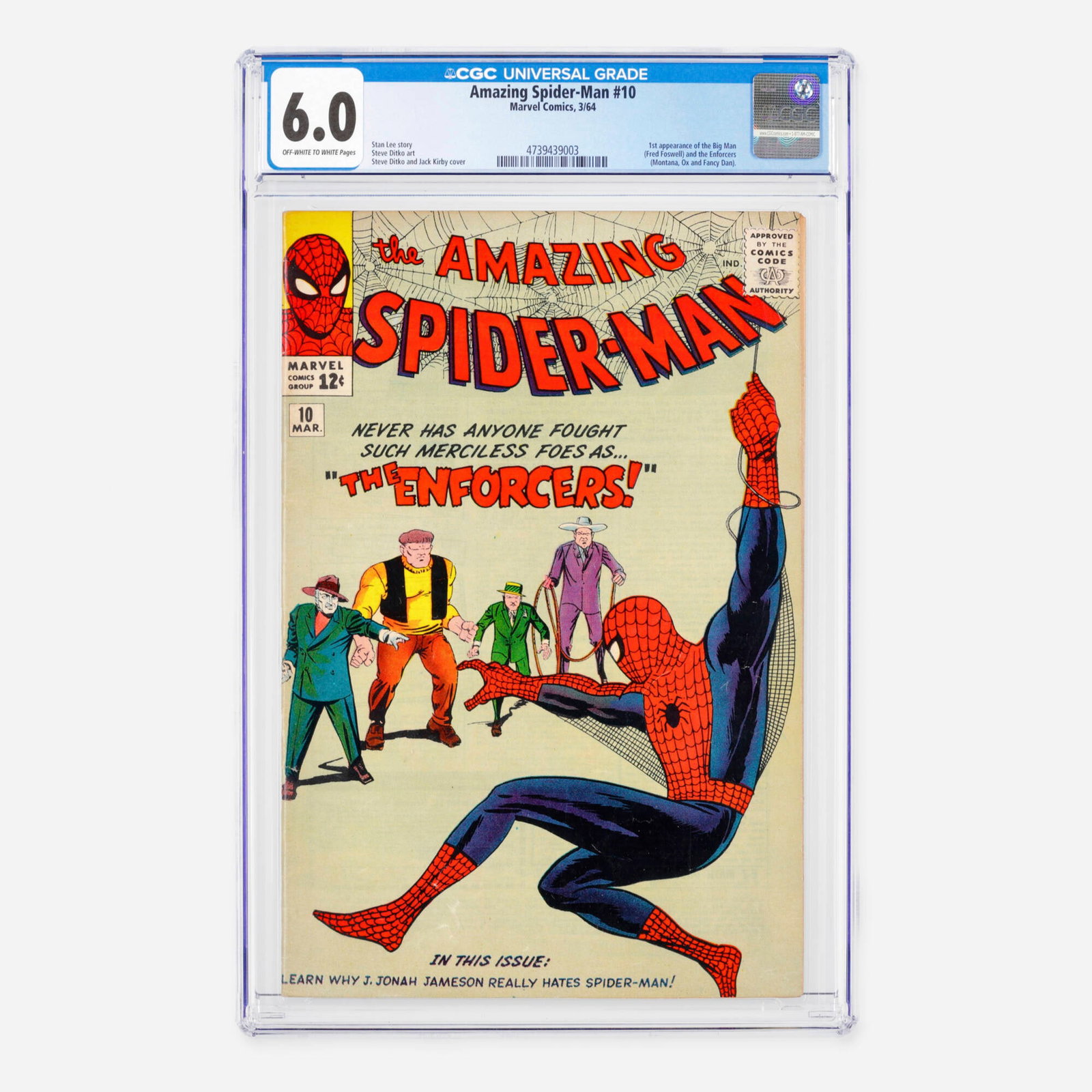 Marvel Comics Amazing Spider-Man #10 CGC 6.0: Marvel Comics Amazing Spider-Man #10 CGC 6.0 USA, 1964 This important early Silver Age key issue features the historic first appearance of the Big Man (Fred Foswell) and his heavy-hitting crew, the En