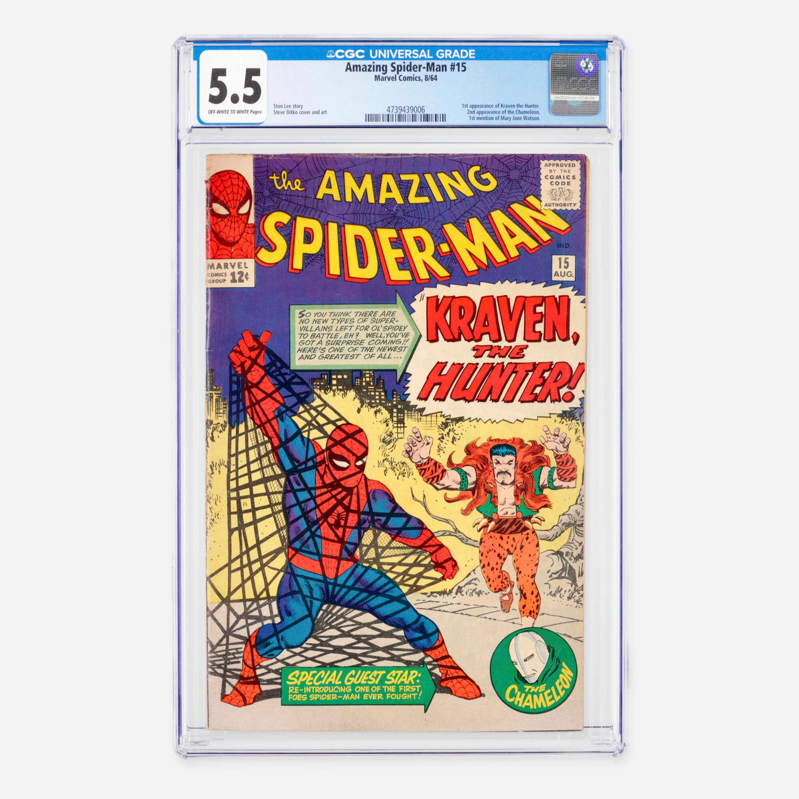 Marvel Comics Amazing Spider-Man #15 CGC 5.5: Marvel Comics Amazing Spider-Man #15 CGC 5.5 USA, 1964 This major Silver Age key issue features the historic first appearance of Kraven the Hunter, the second appearance of the Chameleon, and the very