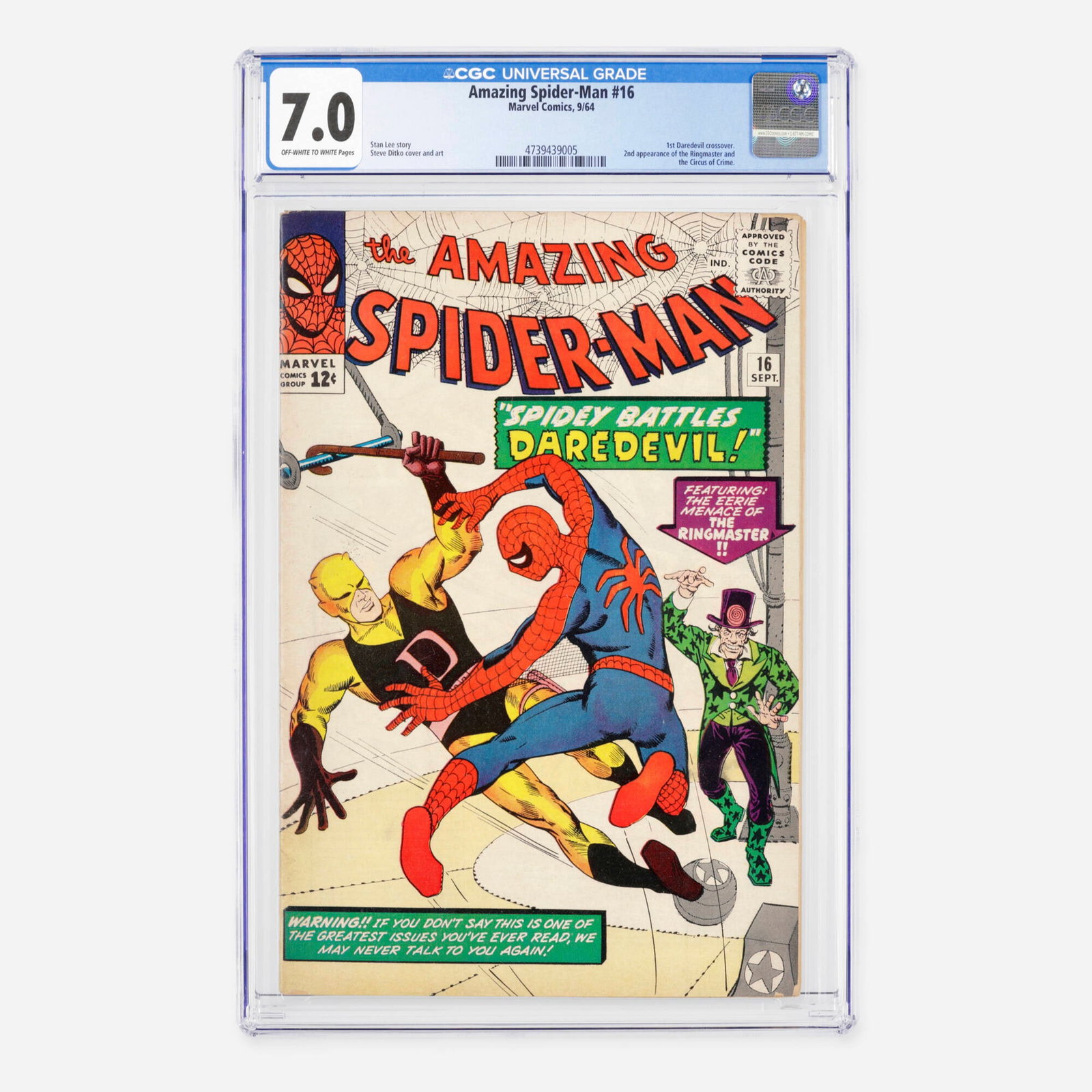 Marvel Comics Amazing Spider-Man #16 CGC 7.0: Marvel Comics Amazing Spider-Man #16 CGC 7.0 USA, 1964 This early Silver Age issue features the historic first crossover appearance of Daredevil in the title, alongside the second appearance of the Ri