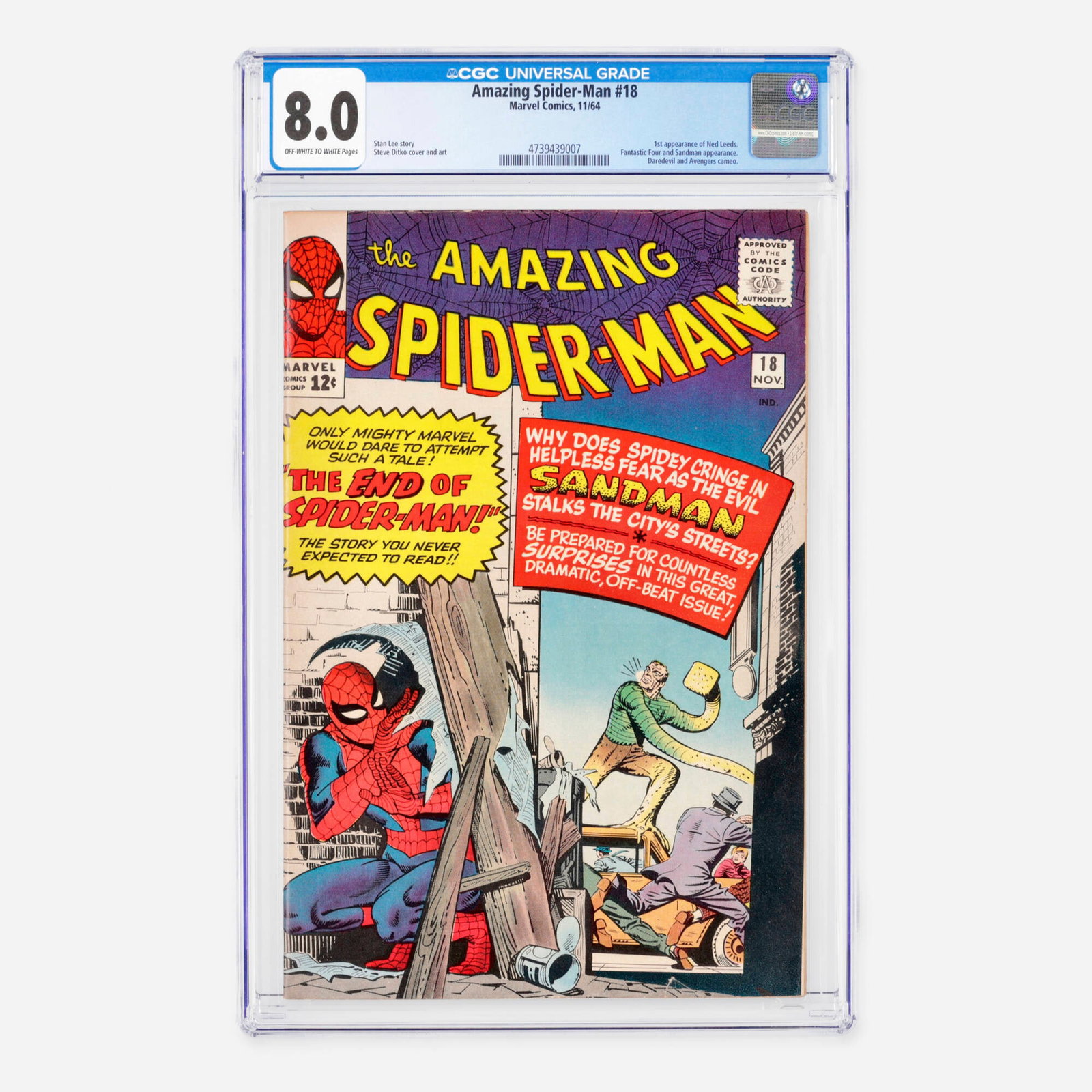 Marvel Comics Amazing Spider-Man #18 CGC 8.0: Marvel Comics Amazing Spider-Man #18 CGC 8.0 USA, 1964 This Silver Age issue features the first appearance of Ned Leeds, alongside guest appearances by the Fantastic Four and Sandman, and brief cameos
