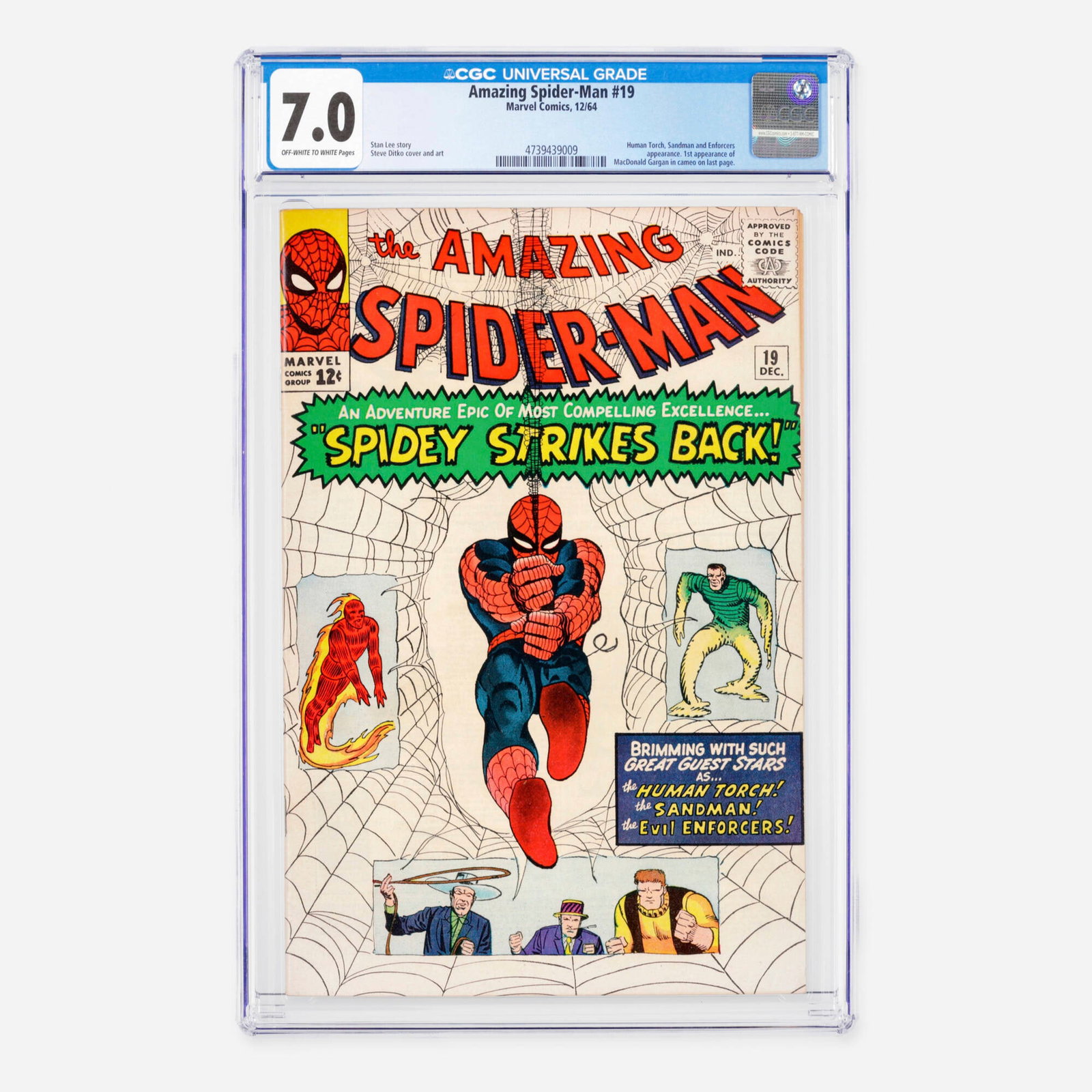 Marvel Comics Amazing Spider-Man #19 CGC 7.0: Marvel Comics Amazing Spider-Man #19 CGC 7.0 USA, 1964 This Silver Age issue features appearances by the Human Torch, Sandman, and the Enforcers, and concludes with the very first cameo appearance of 