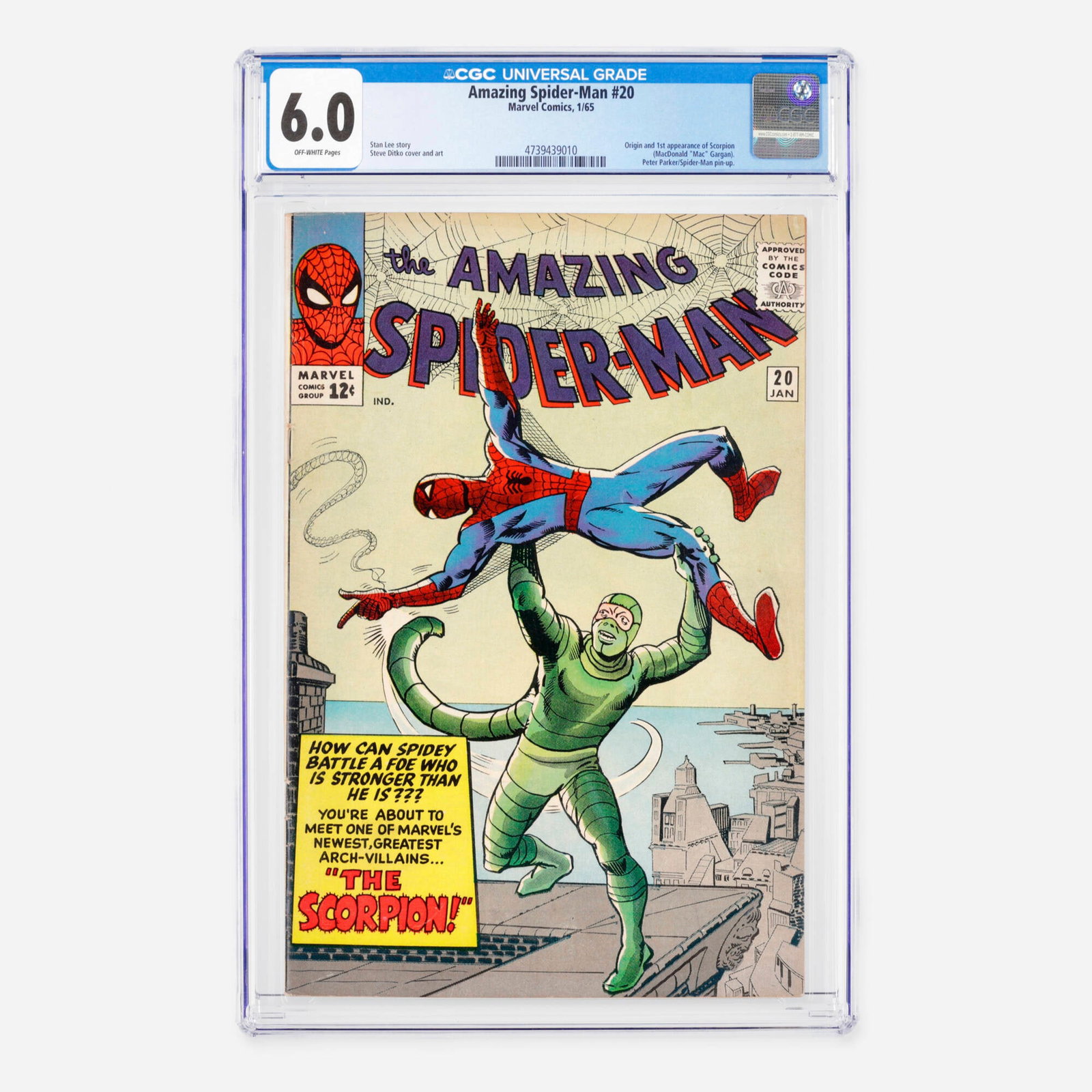 Marvel Comics Amazing Spider-Man #20 CGC 6.0: Marvel Comics Amazing Spider-Man #20 CGC 6.0 USA, 1965 This classic Silver Age key issue features the origin and historic first appearance of the Scorpion (MacDonald "Mac" Gargan), and includes a spec