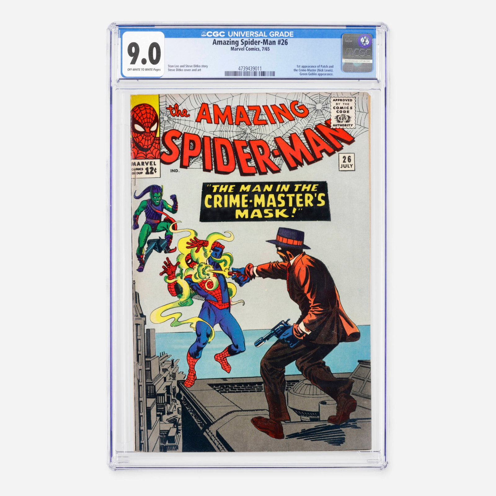 Marvel Comics Amazing Spider-Man #26 CGC 9.0: Marvel Comics Amazing Spider-Man #26 CGC 9.0 USA, 1965 This Silver Age issue features the first appearances of the Crime-Master (Nick Lewis) and Peter Parker's "Patch" disguise, alongside an appe