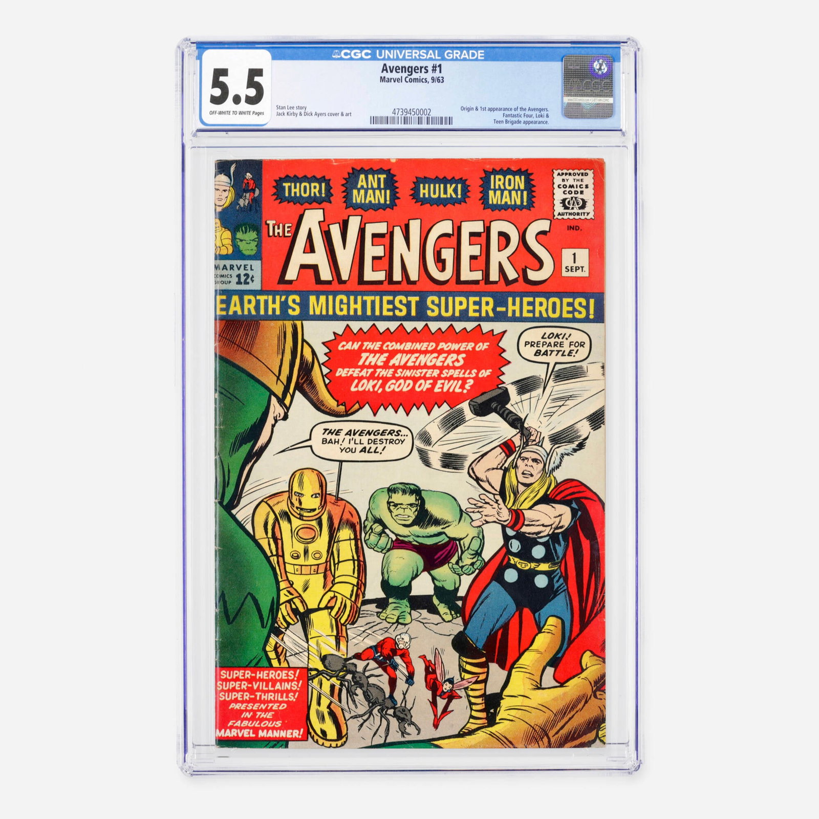 Marvel Comics Avengers #1 CGC 5.5: Marvel Comics Avengers #1 CGC 5.5 USA, 1963 This monumental Silver Age milestone features the origin and historic first appearance of the Avengers (Thor, Iron Man, Hulk, Ant-Man, and the Wasp). The st