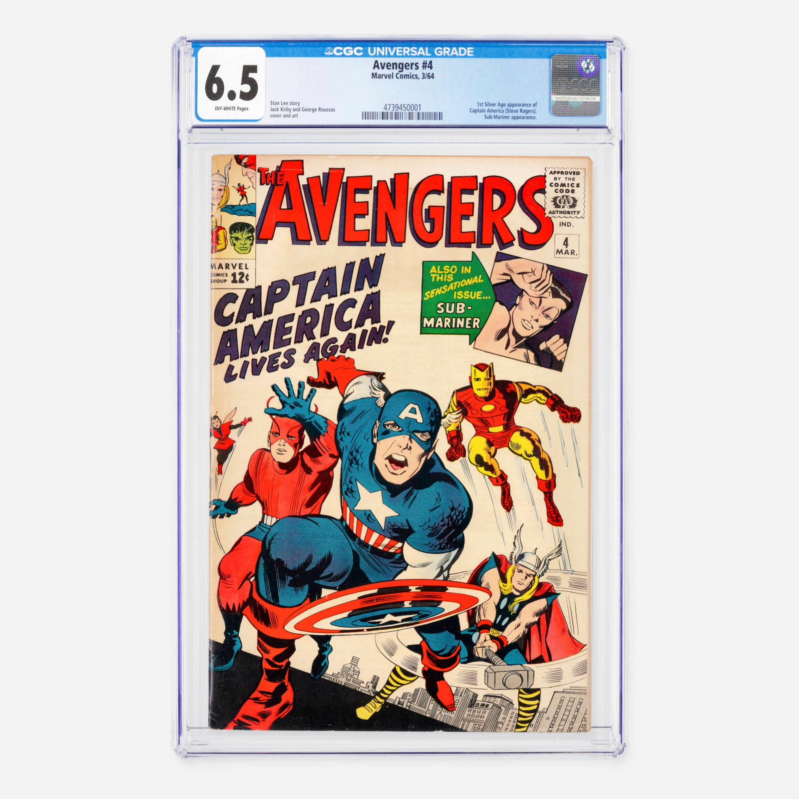 Marvel Comics Avengers #4 CGC 6.5: Marvel Comics Avengers #4 CGC 6.5 USA, 1964 This monumental Silver Age historic milestone marks the first Silver Age appearance of Captain America (Steve Rogers) as he joins the team, alongside an app