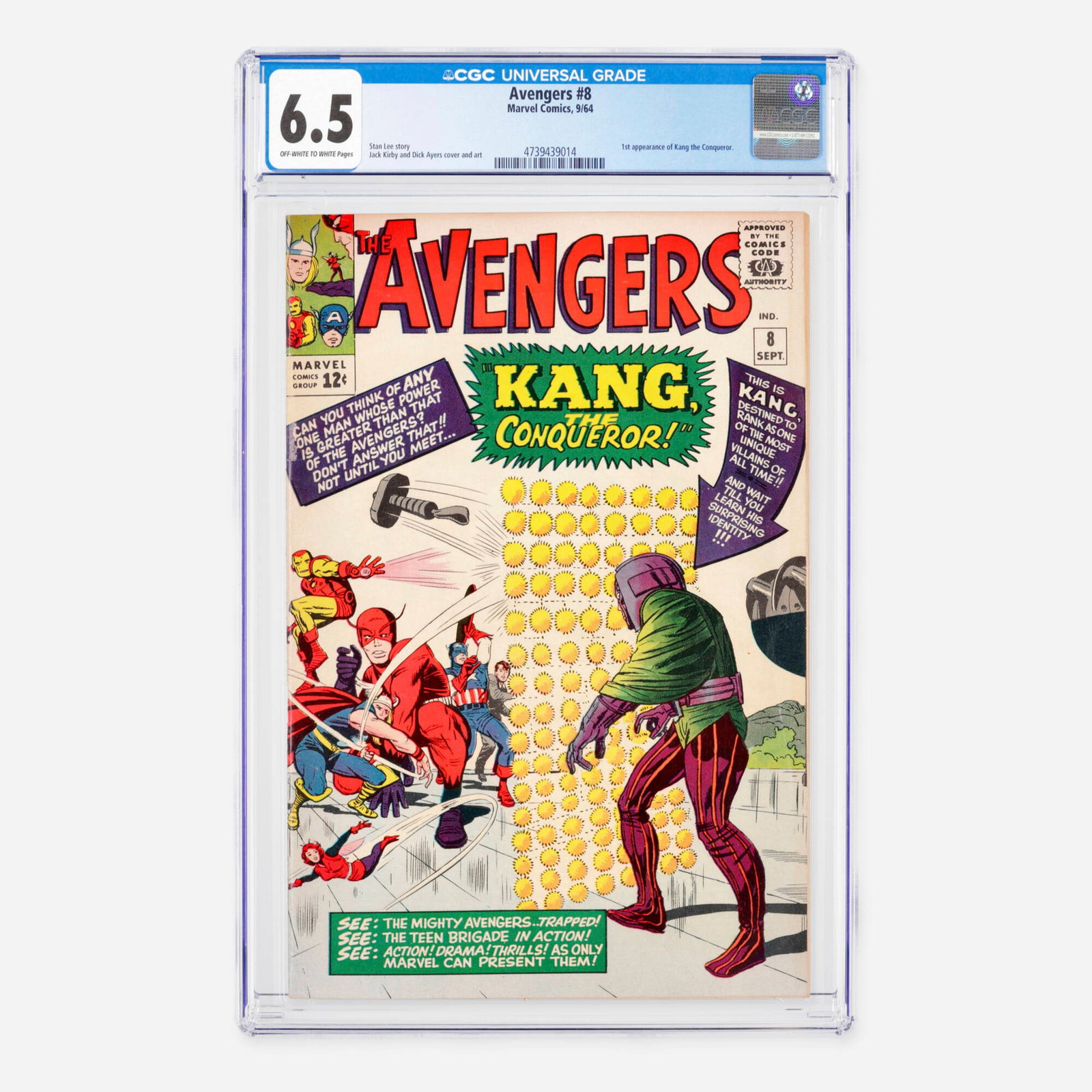 Marvel Comics Avengers #8 CGC 6.5: Marvel Comics Avengers #8 CGC 6.5 USA, 1964 This major Silver Age key issue features the historic first appearance of the time-traveling villain Kang the Conqueror. The classic story is penned by Stan