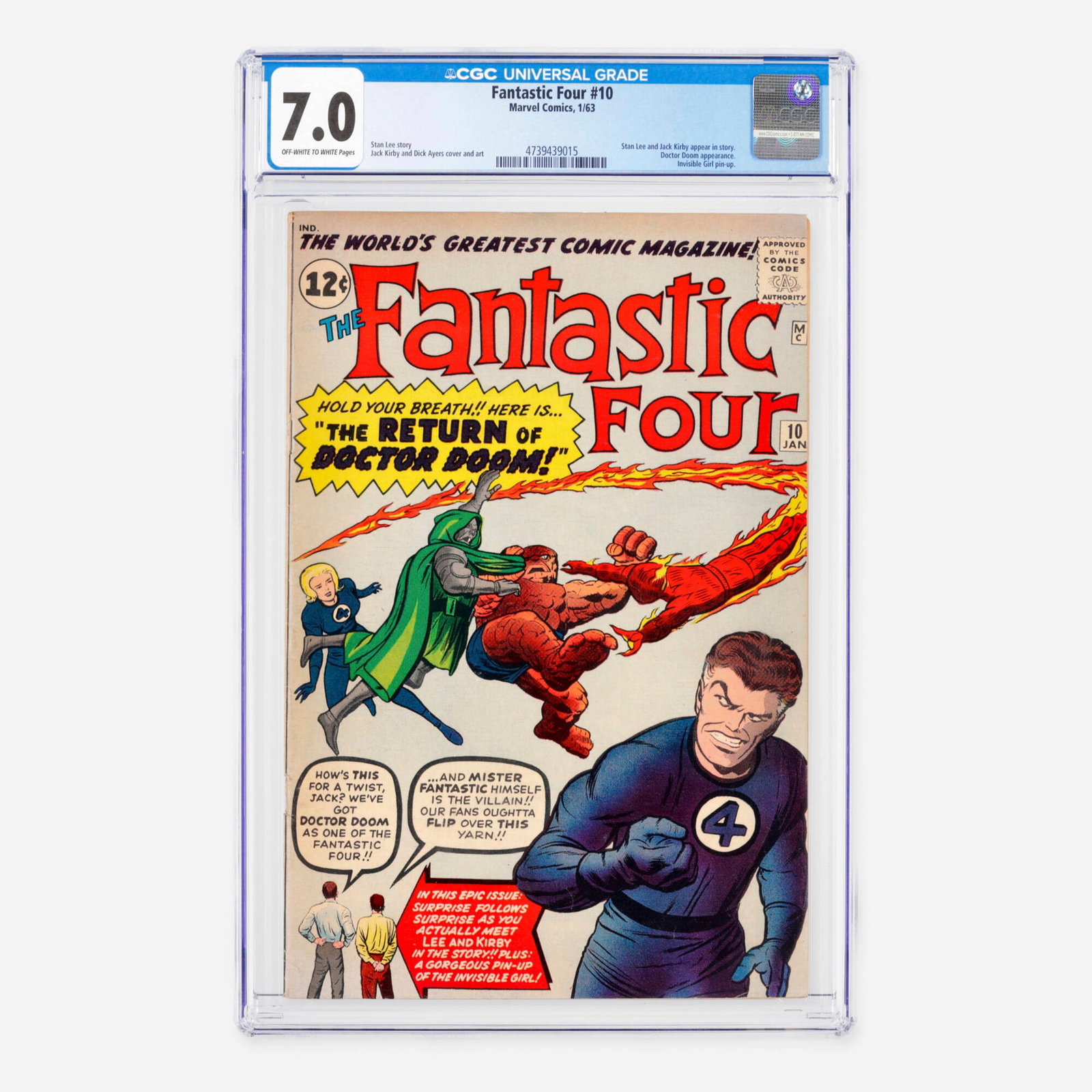 Marvel Comics Fantastic Four #10 CGC 7.0: Marvel Comics Fantastic Four #10 CGC 7.0 USA, 1963 This early Silver Age milestone is famous for a meta-fictional story where creators Stan Lee and Jack Kirby appear in the narrative itself, alongside