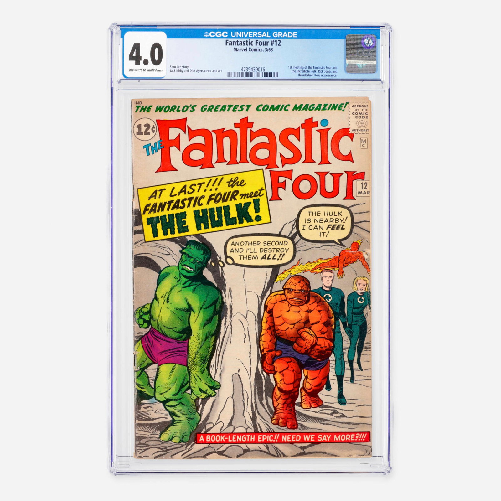 Marvel Comics Fantastic Four #12 CGC 4.0: Marvel Comics Fantastic Four #12 CGC 4.0 USA, 1963 This monumental Silver Age key issue features the historic first meeting of the Fantastic Four and the Incredible Hulk, alongside appearances by Rick