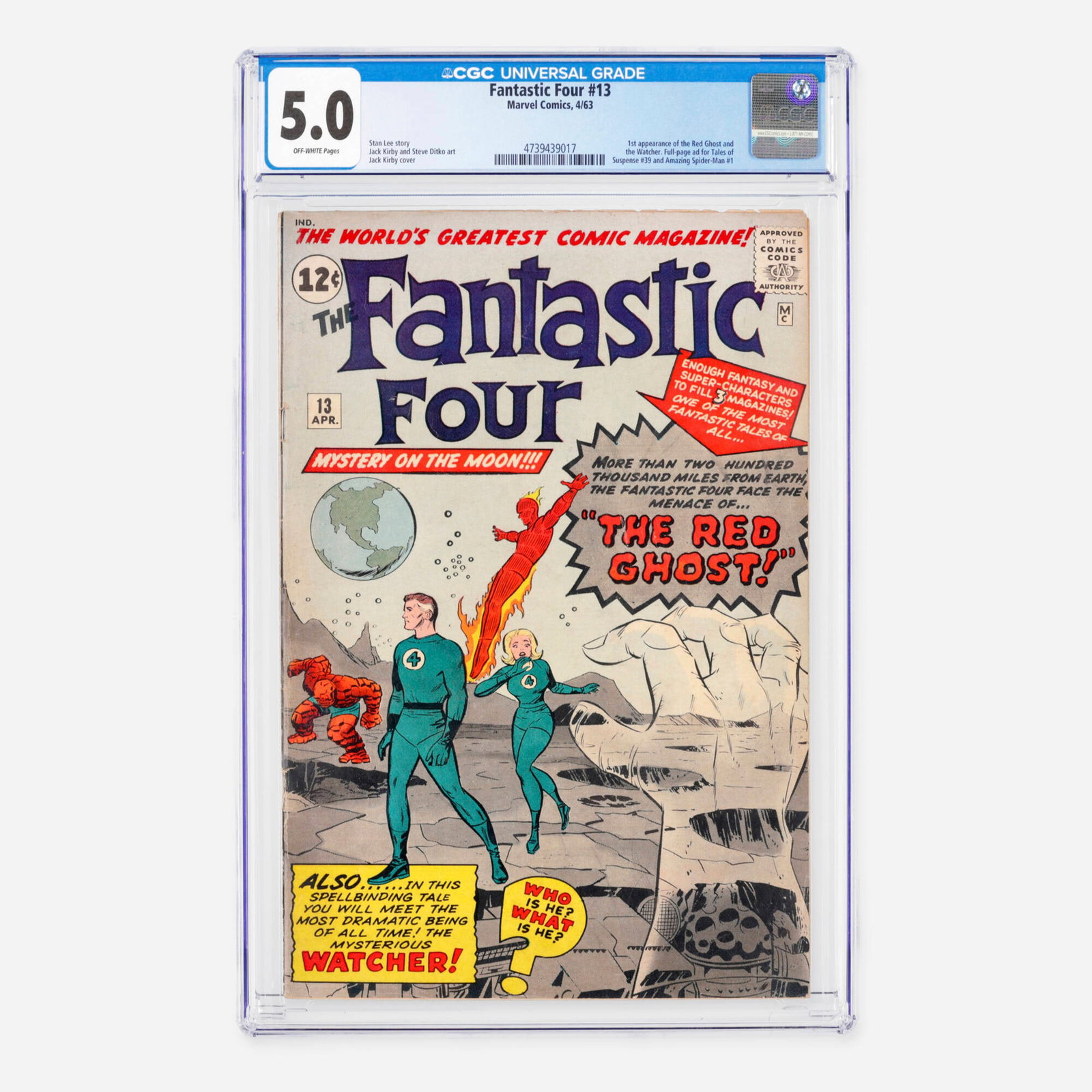 Marvel Comics Fantastic Four #13 CGC 5.0: Marvel Comics Fantastic Four #13 CGC 5.0 USA, 1963 This monumental Silver Age mega-key features the historic first appearances of the Red Ghost and the Watcher (Uatu), alongside legendary full-page ad