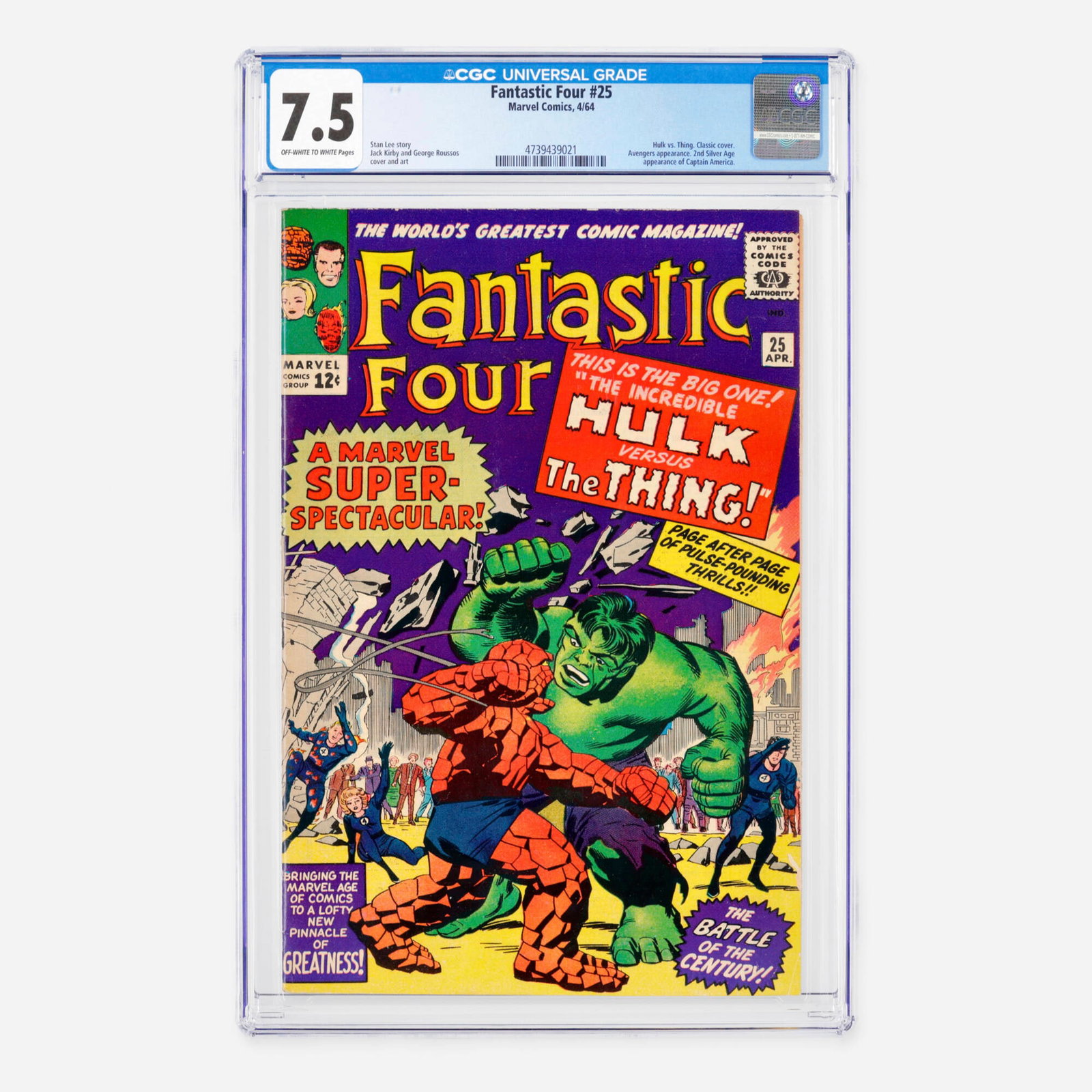 Marvel Comics Fantastic Four #25 CGC 7.5: Marvel Comics Fantastic Four #25 CGC 7.5 USA, 1964 This absolute Silver Age masterpiece features the legendary Hulk vs. Thing battle beneath a classic outer cover, alongside appearances by the Avenger