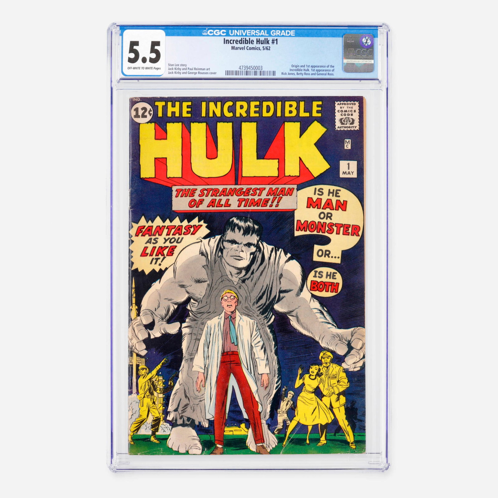 Marvel Comics Incredible Hulk #1 CGC 5.5: Marvel Comics Incredible Hulk #1 CGC 5.5 USA, 1962 This monumental Silver Age mega-key features the origin and first appearance of the Incredible Hulk, along with the first appearances of Rick Jones, 
