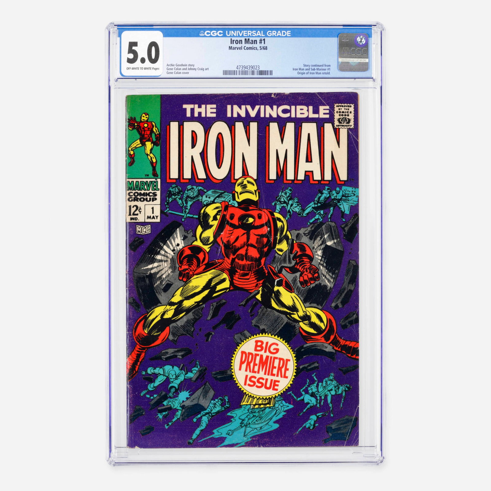 Marvel Comics Iron Man #1 CGC 5.0: Marvel Comics Iron Man #1 CGC 5.0 USA, 1968 This premier Silver Age milestone features the historic launch of Iron Man's solo title, continuing the narrative from Iron Man and Sub-Mariner #1 alon