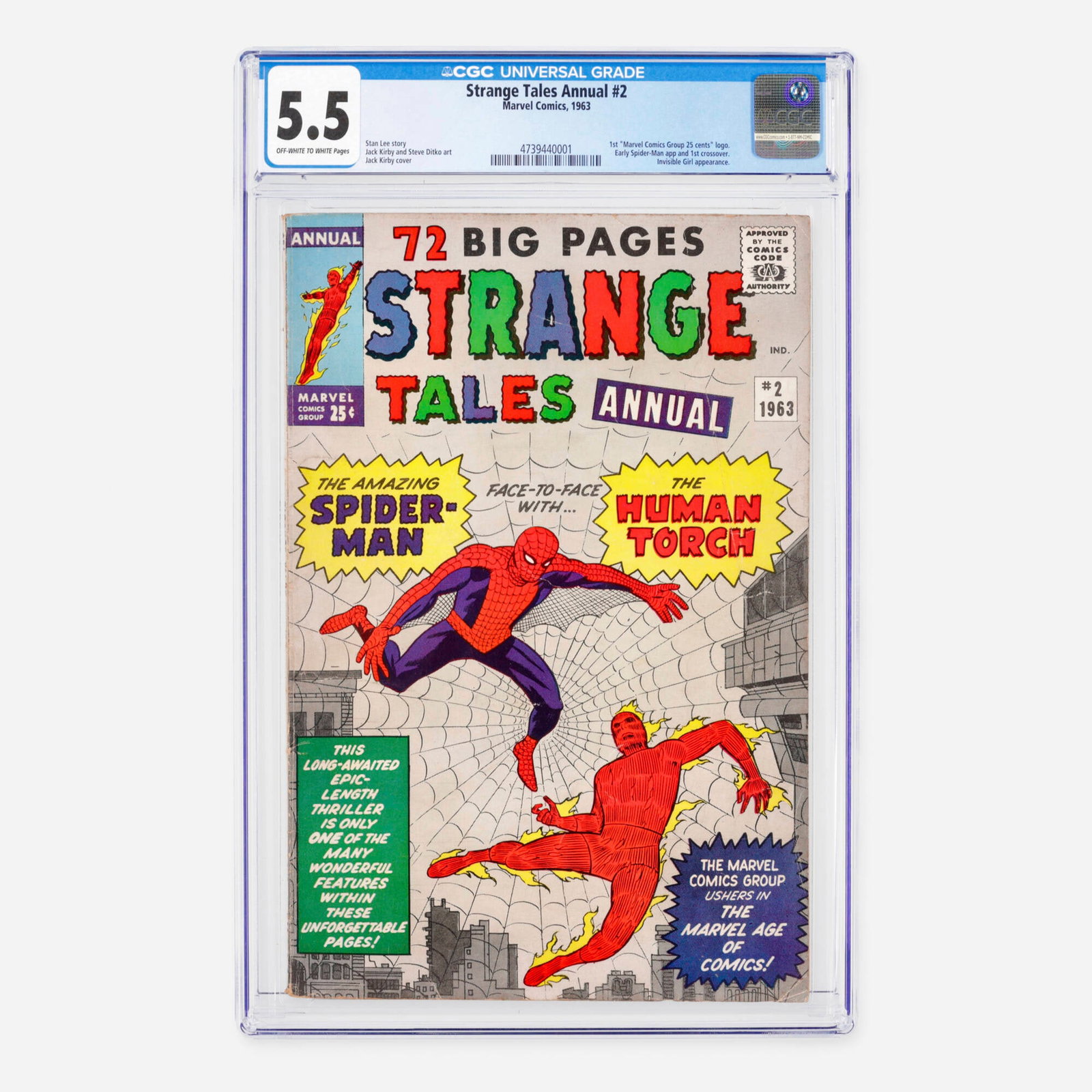 Marvel Comics Strange Tales Annual #2 CGC 5.5: Marvel Comics Strange Tales Annual #2 CGC 5.5 USA, 1963 This historic Silver Age milestone features the very first appearance of the "Marvel Comics Group 25 cents" logo, an early Spider-Man appearance