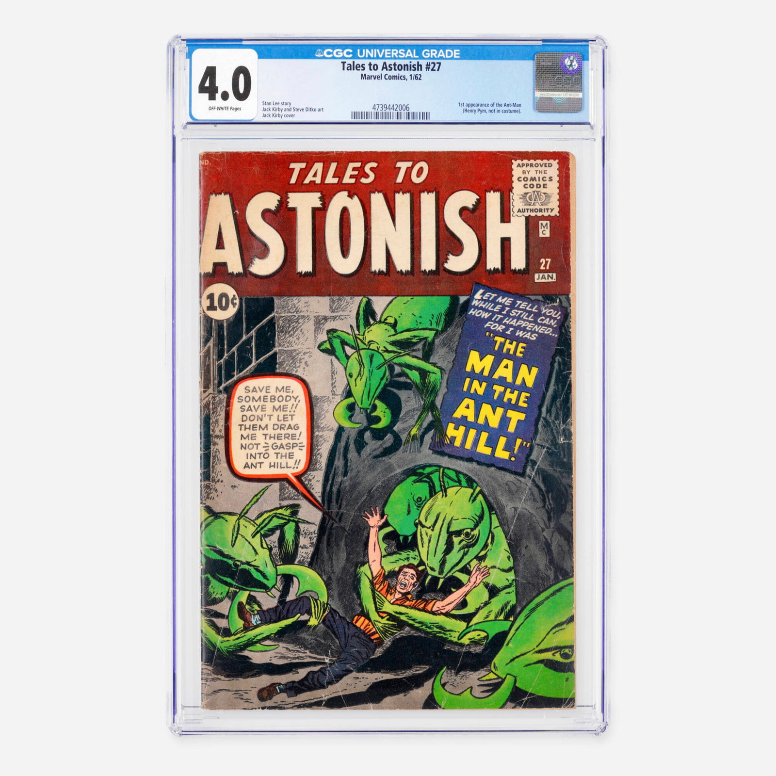 Marvel Comics Tales to Astonish #27 CGC 4.0: Marvel Comics Tales to Astonish #27 CGC 4.0 USA, 1962 This fundamental Silver Age mega-key features the historic first appearance of the Ant-Man (Henry Pym, appearing here out of costume). The iconic 