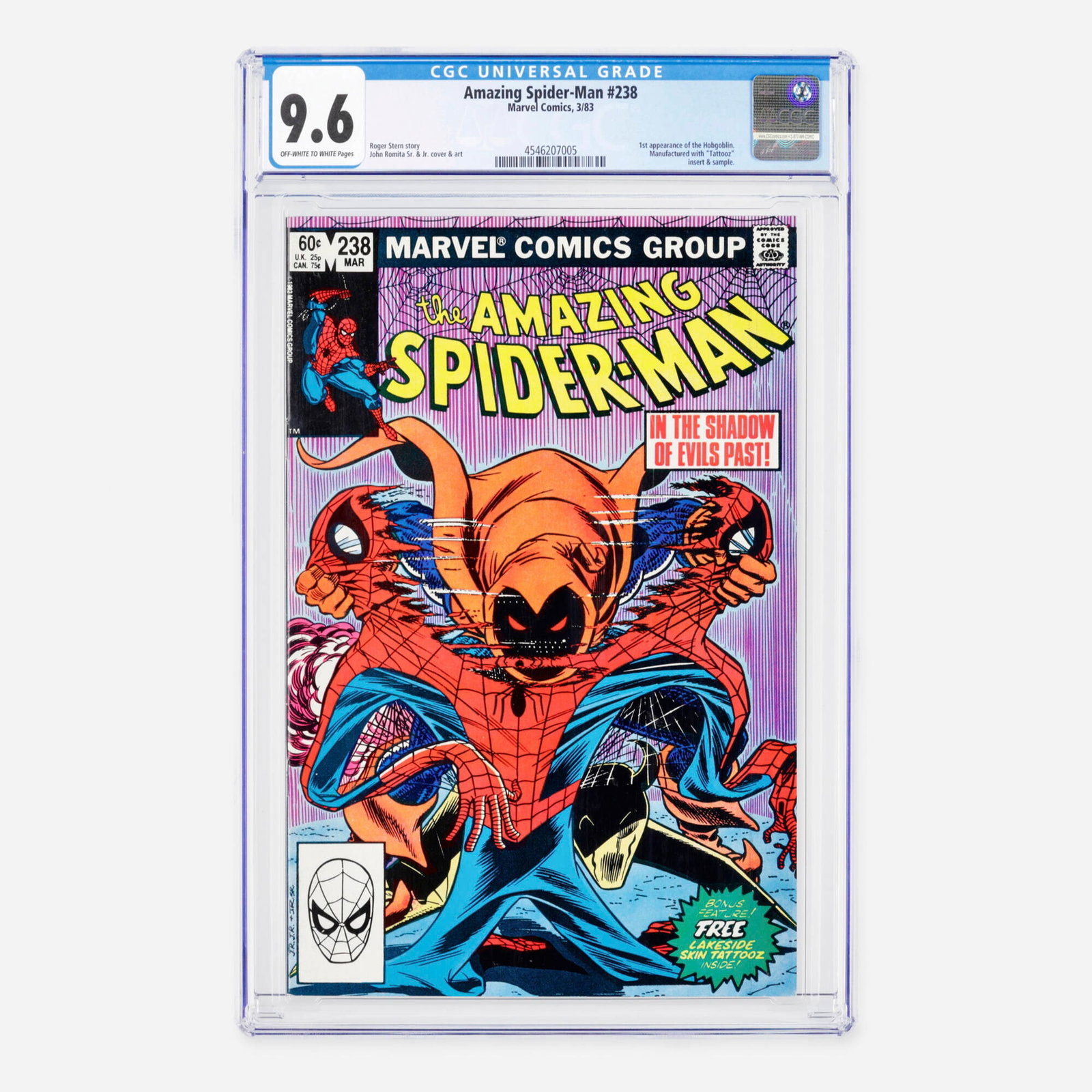 Marvel Comics Amazing Spider-Man #238 CGC 9.6: Marvel Comics Amazing Spider-Man #238 CGC 9.6 USA, 1983 This key issue features the historic first appearance of the Hobgoblin and was manufactured with the original "Tattooz" insert and sample intact