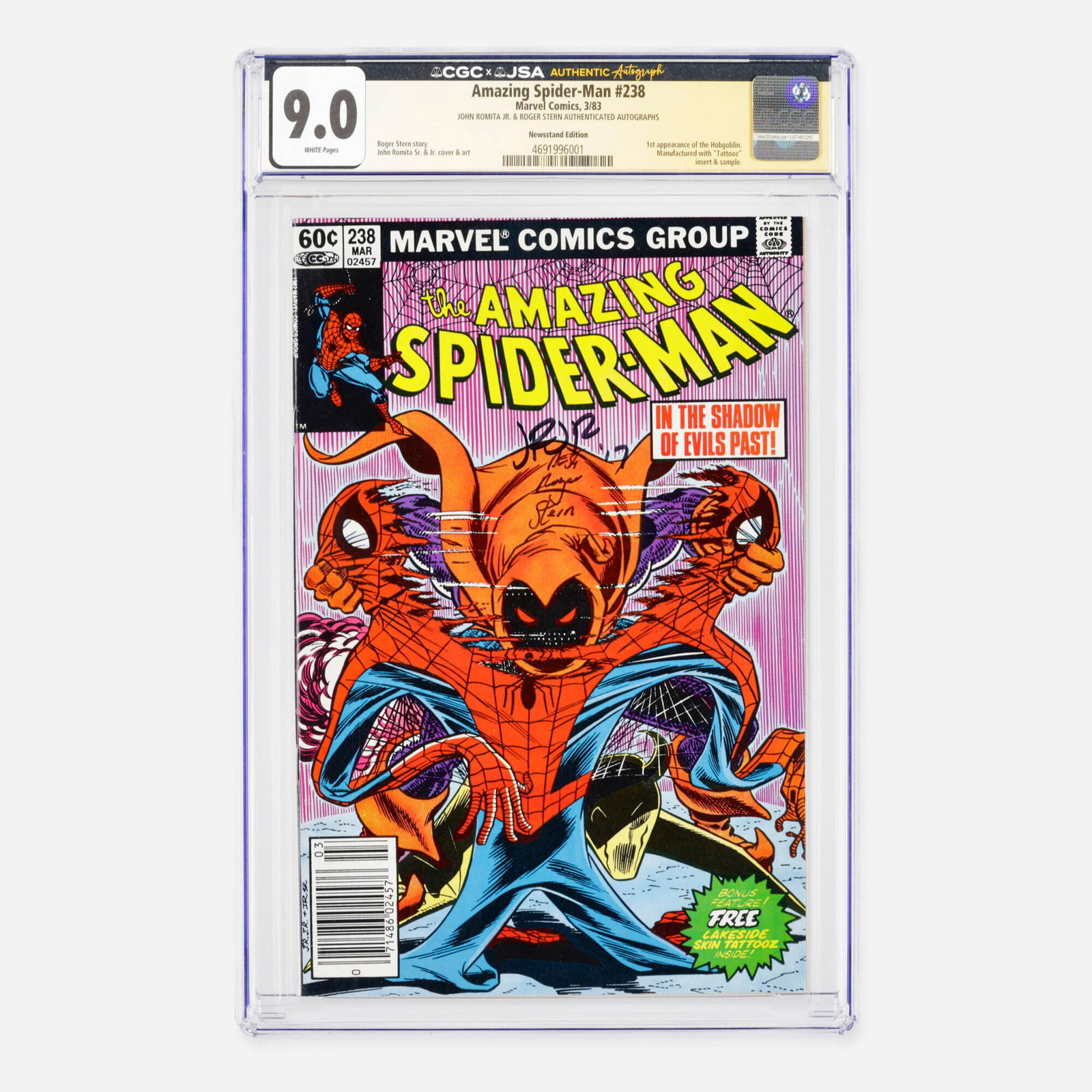 Marvel Comics Amazing Spider-Man #238 CGC 9.0 Newsstand JSA John Romita Jr and Roger Stern: Marvel Comics Amazing Spider-Man #238 CGC 9.0 Newsstand JSA John Romita Jr and Roger Stern USA, 1983 This monumental Bronze Age masterpiece features the historic first appearance of the Hobgoblin and 