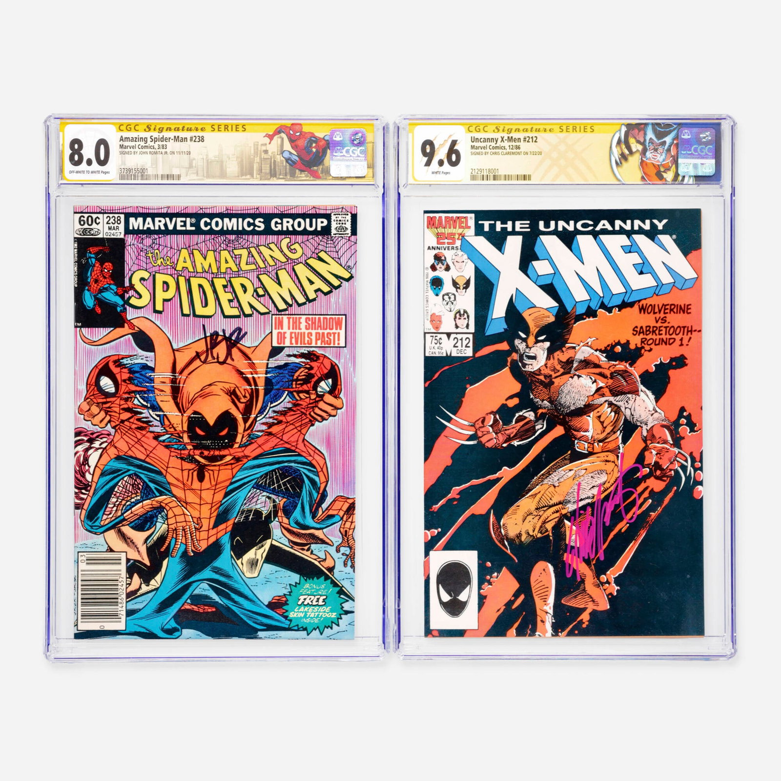 2 Marvel Comics Amazing Spider-Man #238 and Uncanny X-Men #212 CGC Signature Series Group: 2 Marvel Comics Amazing Spider-Man #238 and Uncanny X-Men #212 CGC Signature Series Group USA, 1983, 1986 Marvel Comics Amazing Spider-Man #238 CGC 8.0 Signature Series John Romita Jr. (3/83) C