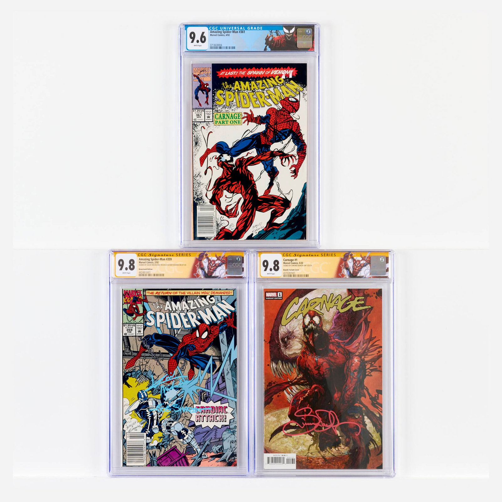 Three Marvel Comics Amazing Spider-Man and Carnage CGC Group: Three Marvel Comics Amazing Spider-Man and Carnage CGC Group USA, 1992, 2002 Marvel Comics Amazing Spider-Man #359 CGC 9.8 Newsstand Signature Series David Michelinie and Bob Sharen (2/92) CGC#