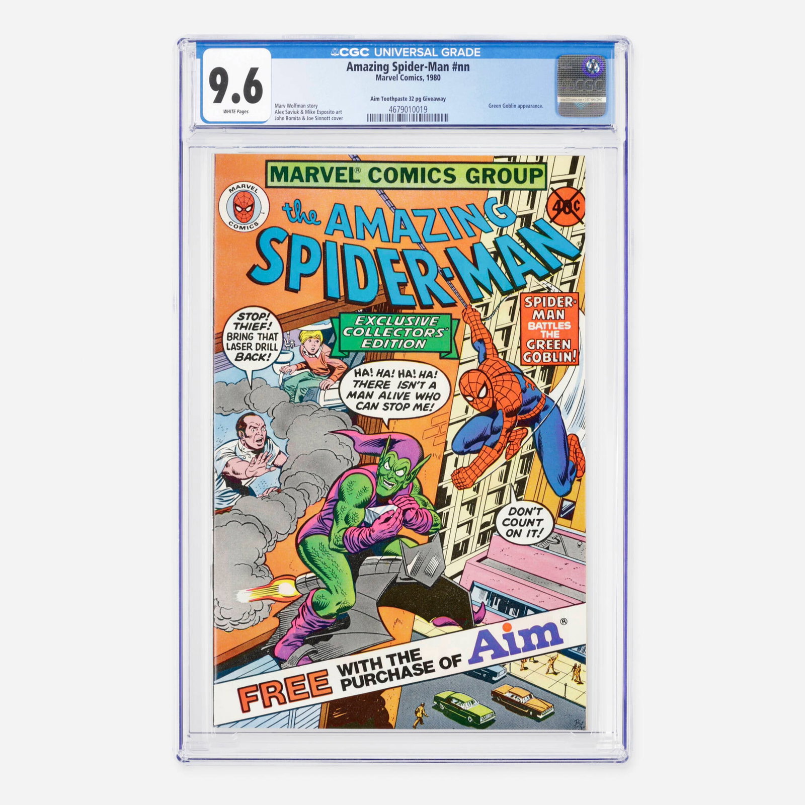 Marvel Comics Amazing Spider-Man #nn CGC 9.6 Aim Toothpaste 32 pg Giveaway: Marvel Comics Amazing Spider-Man #nn CGC 9.6 Aim Toothpaste 32 pg Giveaway USA, 1980 This unique promo issue features a classic confrontation with the Green Goblin in a special 32-page promotional giv