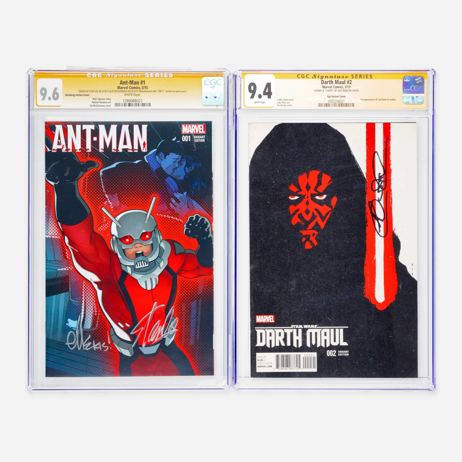Two Marvel Comics Ant-Man #1 and Darth Maul #2 CGC Signature Series Group: Two Marvel Comics Ant-Man #1 and Darth Maul #2 CGC Signature Series Group USA, 2015, 2017 Marvel Comics Ant-Man #1 CGC 9.6 Shrinking Variant Cover Signature Series Stan Lee and Ed McGuinness (3/15)