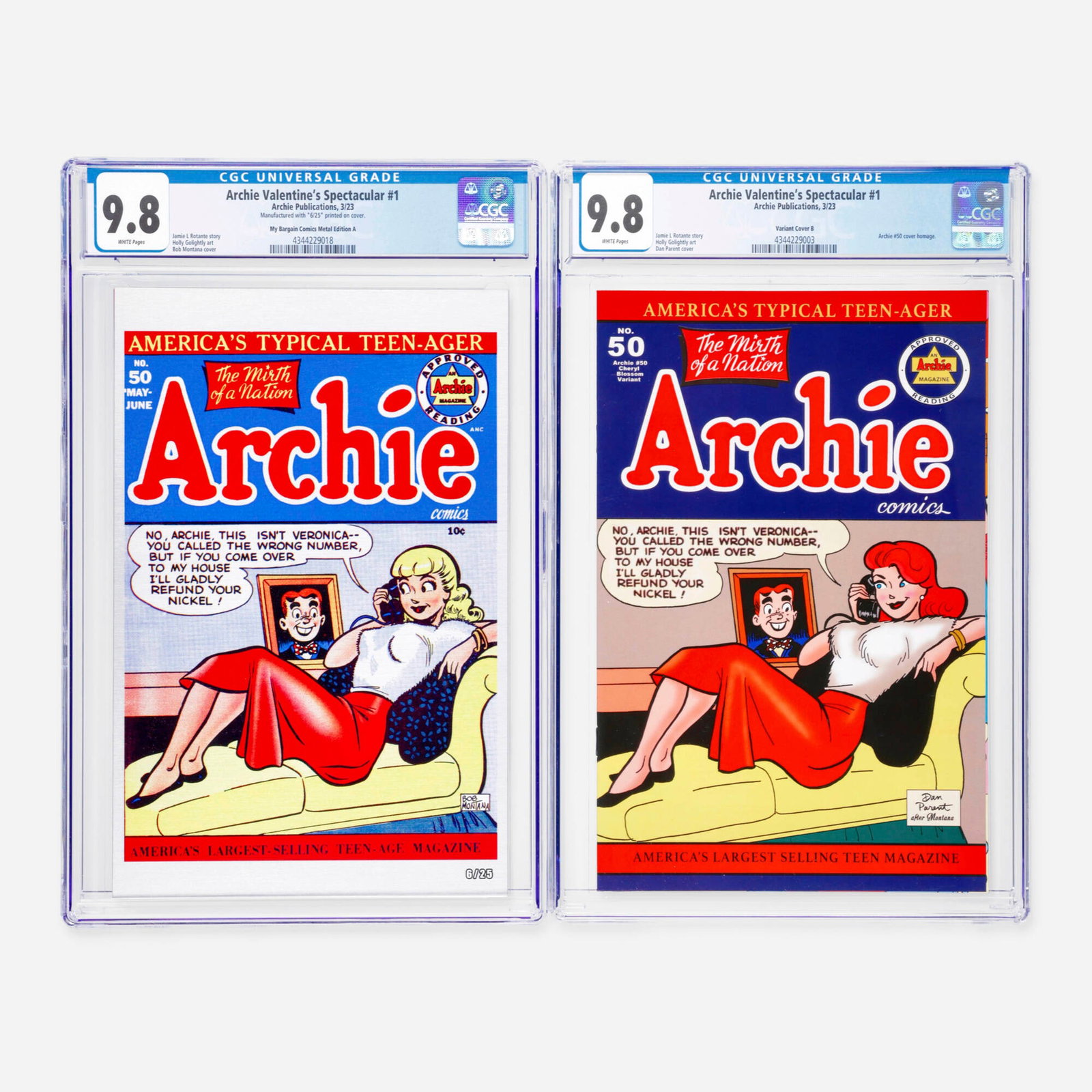 Two Archie Publications Archie Valentine's Spectacular #1 My Bargain Comics Metal Edition Variant: Two Archie Publications Archie Valentine's Spectacular #1 My Bargain Comics Metal Edition and Variant Cover B CGC 9.8 Group USA, 2023 Archie Publications Archie Valentine's Spectacular #1 CGC 9.8