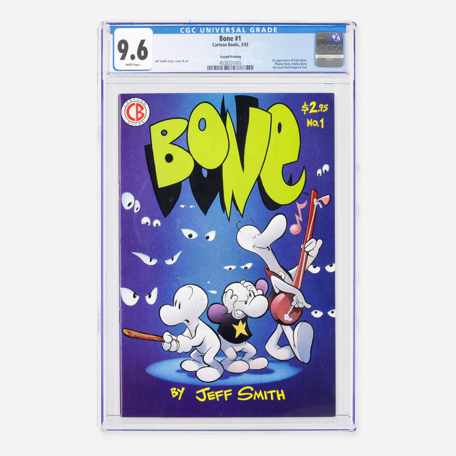 Cartoon Books Bone #1 CGC 9.6 Second Printing: Cartoon Books Bone #1 CGC 9.6 Second Printing USA, 1992 This Modern Age milestone features the monumental first appearance of Fone Bone, Phoney Bone, Smiley Bone, the Great Red Dragon, and Ted. Cartoo