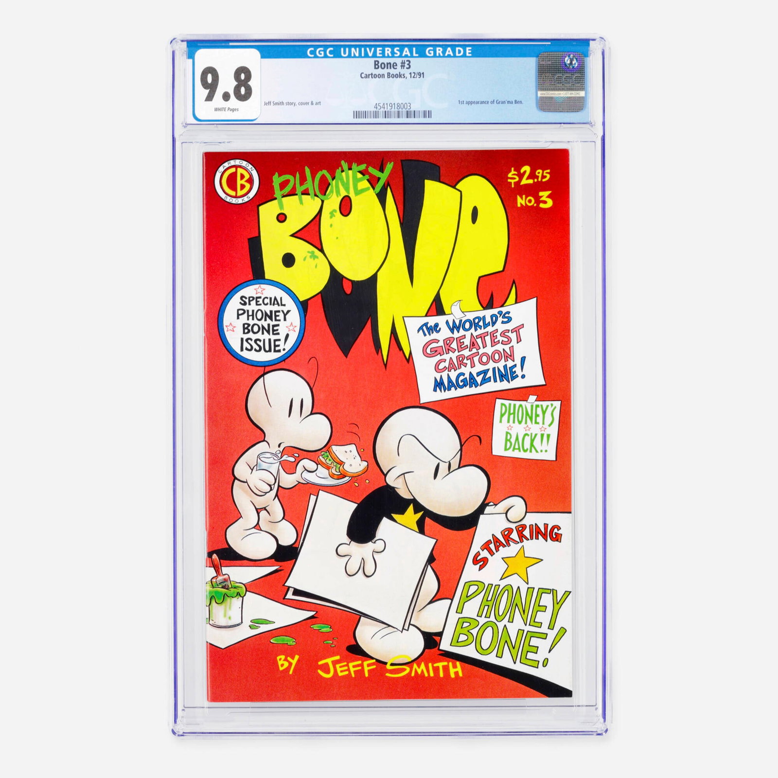 Cartoon Books Bone #3 CGC 9.8: Cartoon Books Bone #3 CGC 9.8 USA, 1991 This early Modern Age installment features the historic first appearance of Gran'ma Ben. Creator Jeff Smith remains the singular driving force behind this 