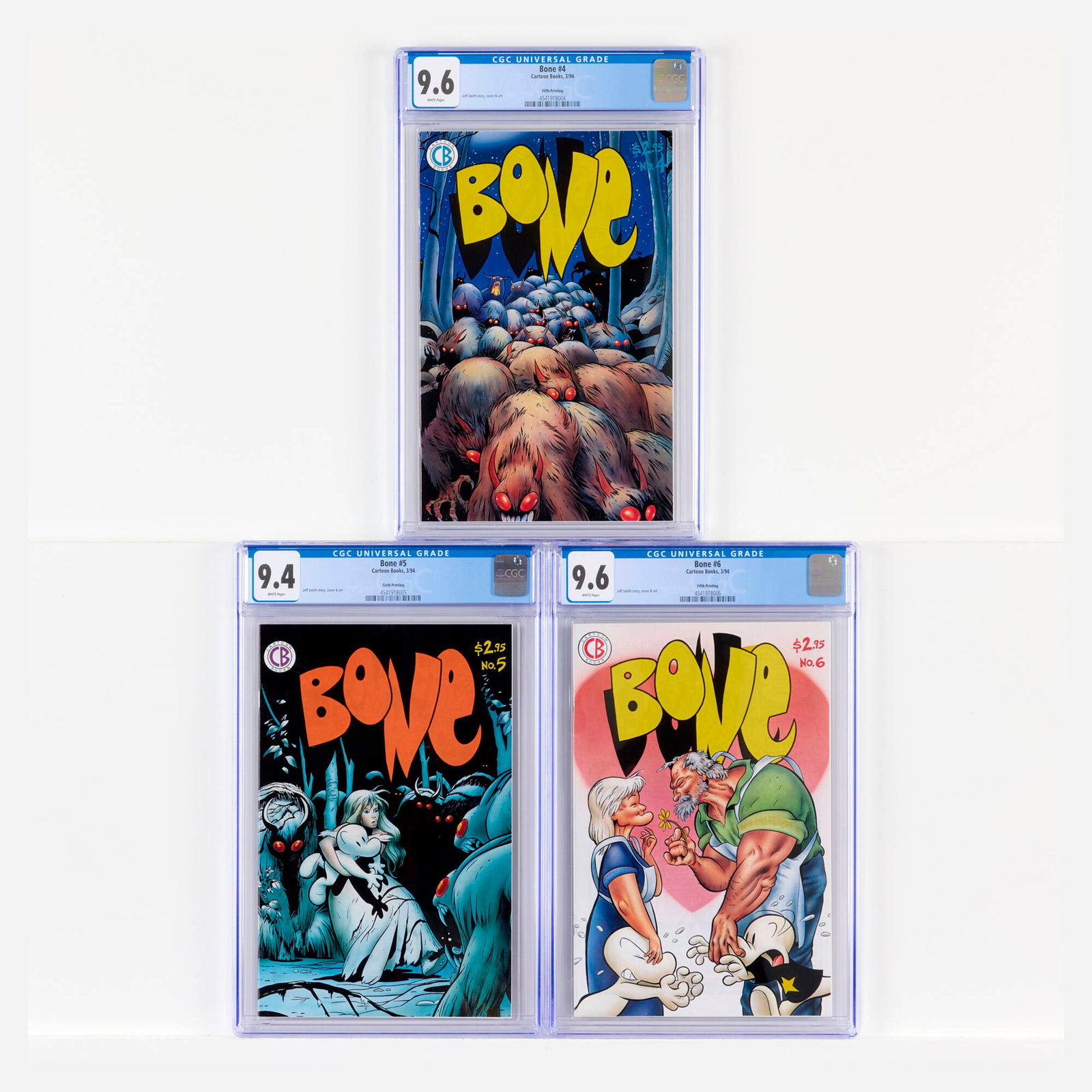 Three Cartoon Books Bone #4-#6 CGC Group: Three Cartoon Books Bone #4-#6 CGC Group USA, 20th Century Cartoon Books Bone #4 CGC 9.6 Fifth Printing (3/94) CGC#: 4541918004 Population: 1 in 9.6, 2 higher