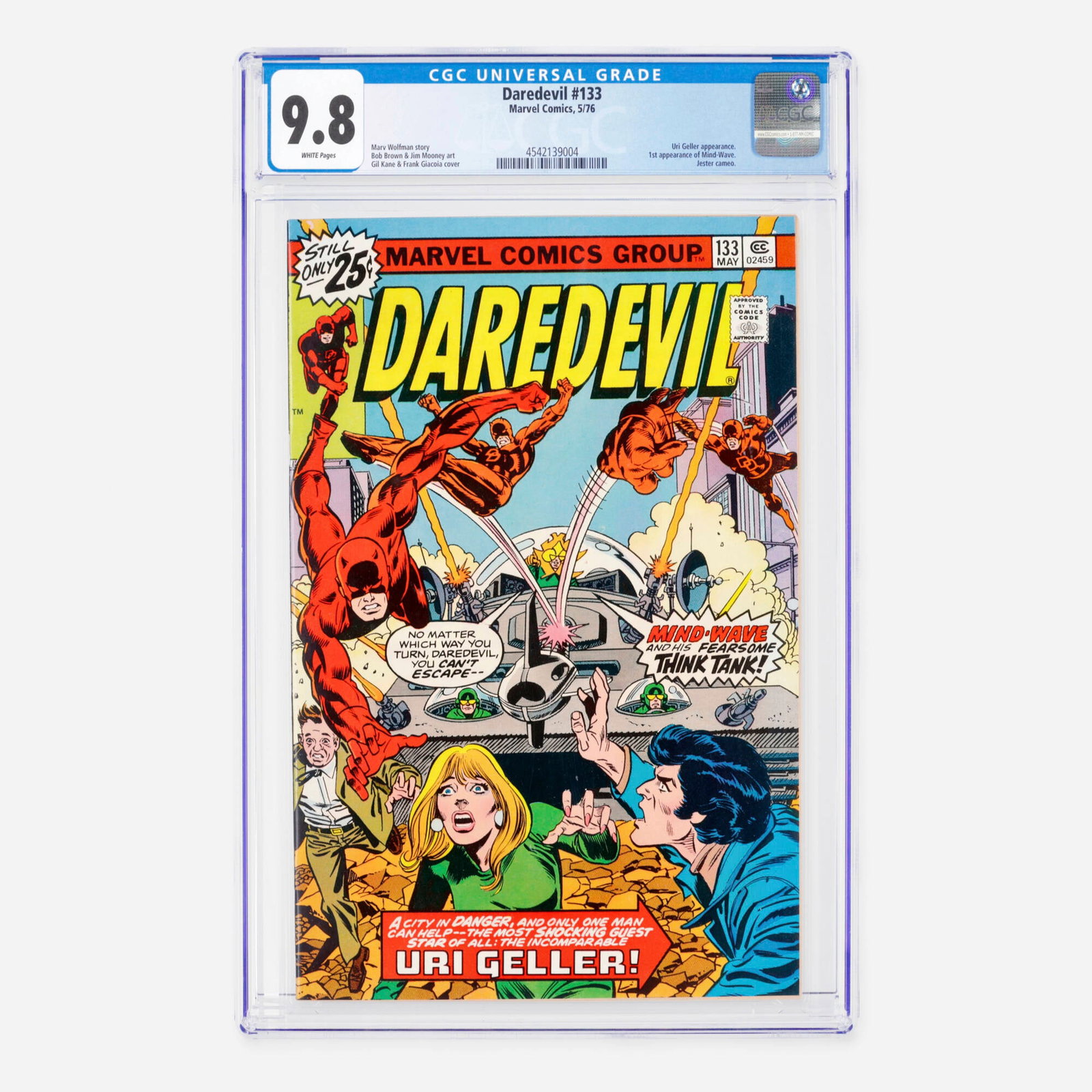 Marvel Comics Daredevil #133 CGC 9.8: Marvel Comics Daredevil #133 CGC 9.8 USA, 1976 This Bronze Age issue features the first appearance of Mind-Wave, an appearance by real-world mentalist Uri Geller, and a brief cameo by the Jester. Lege