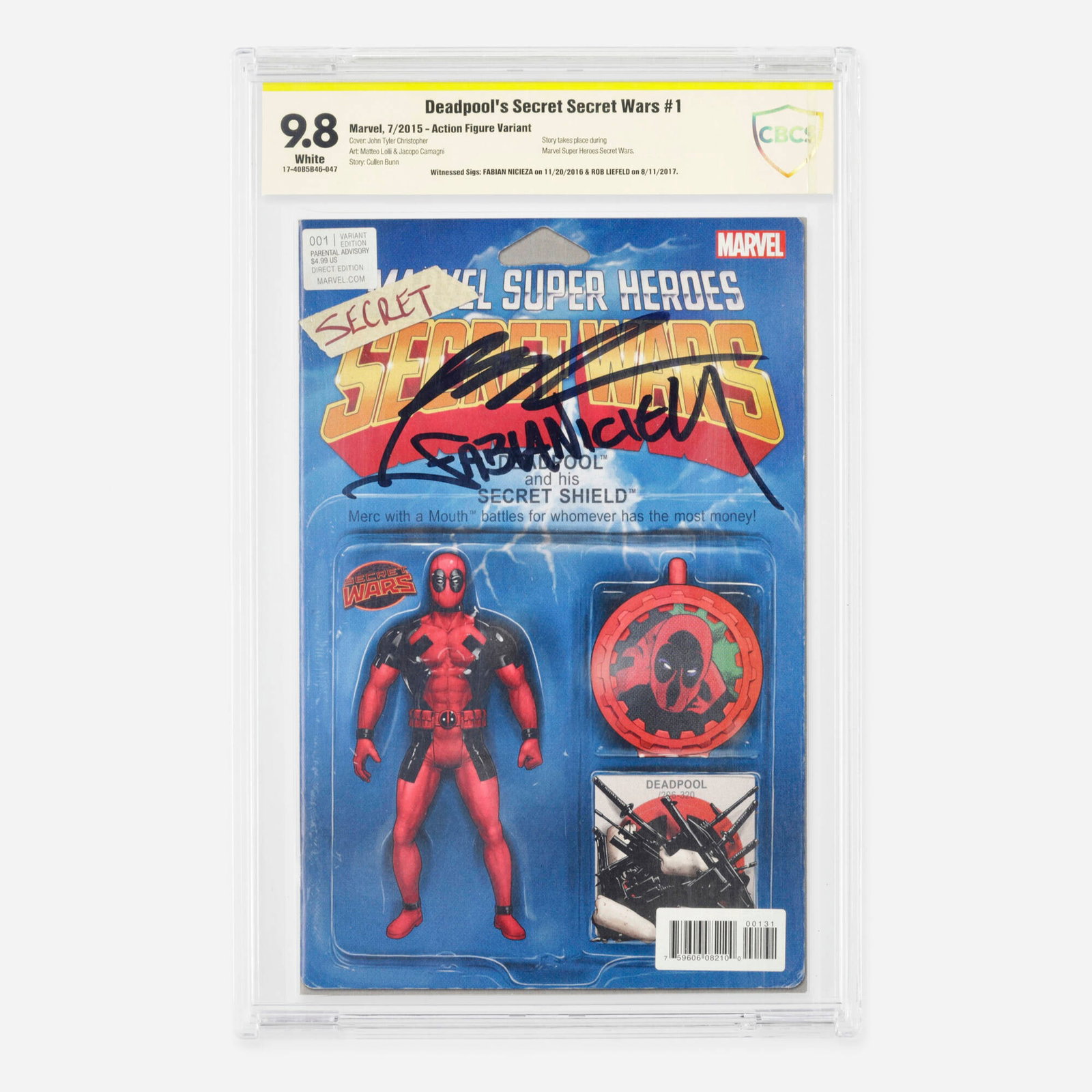 Marvel Comics Deadpool's Secret Secret Wars #1 CBCS 9.8 Action Figure Variant Signed: Marvel Comics Deadpool's Secret Secret Wars #1 CBCS 9.8 Action Figure Variant Signed Rob Liefeld and Fabian Nicieza USA, 2015 This hilarious Modern Age limited series retroactively inserts Wade Wilson