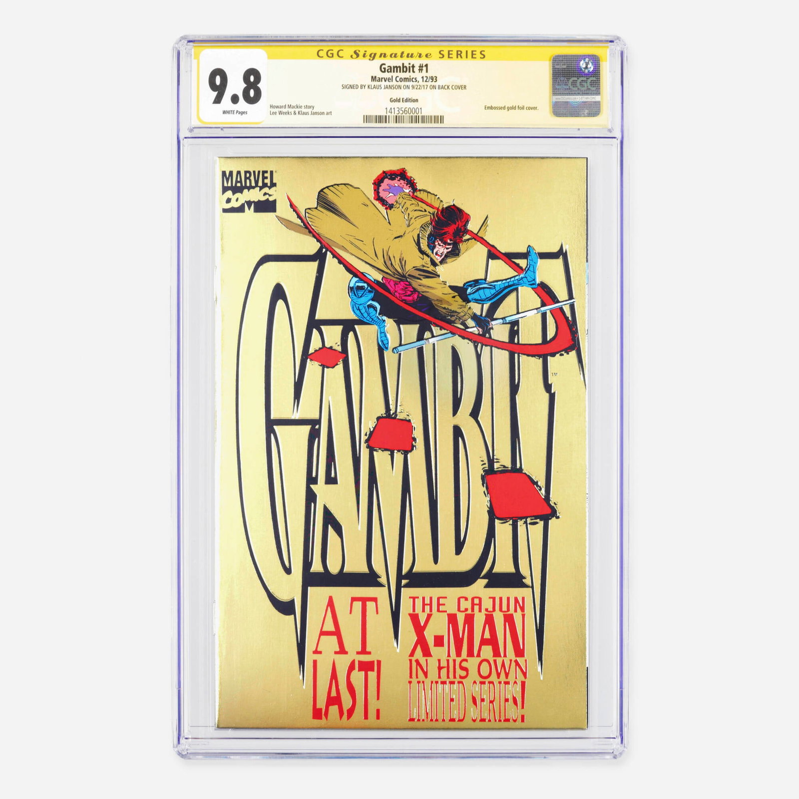Marvel Comics Gambit #1 CGC 9.8 Gold Edition Signature Series Klaus Janson: Marvel Comics Gambit #1 CGC 9.8 Gold Edition Signature Series Klaus Janson USA, 1993 This issue features the premiere solo adventure of the Ragin' Cajun. Scripted by Howard Mackie with art by Lee