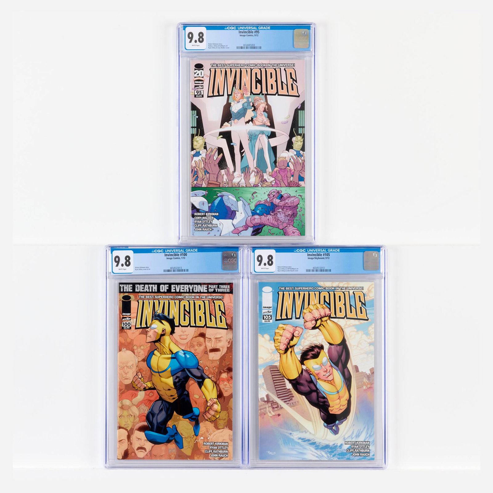 Three Image/Skybound Invincible #95-#105 CGC 9.8 Group: Three Image/Skybound Invincible #95-#105 CGC 9.8 Group USA, 2012-2013 Image/Skybound Invincible #95 CGC 9.8 (9/12) CGC#: 4654485004 Population: 59 in 9.8, 0 higher<