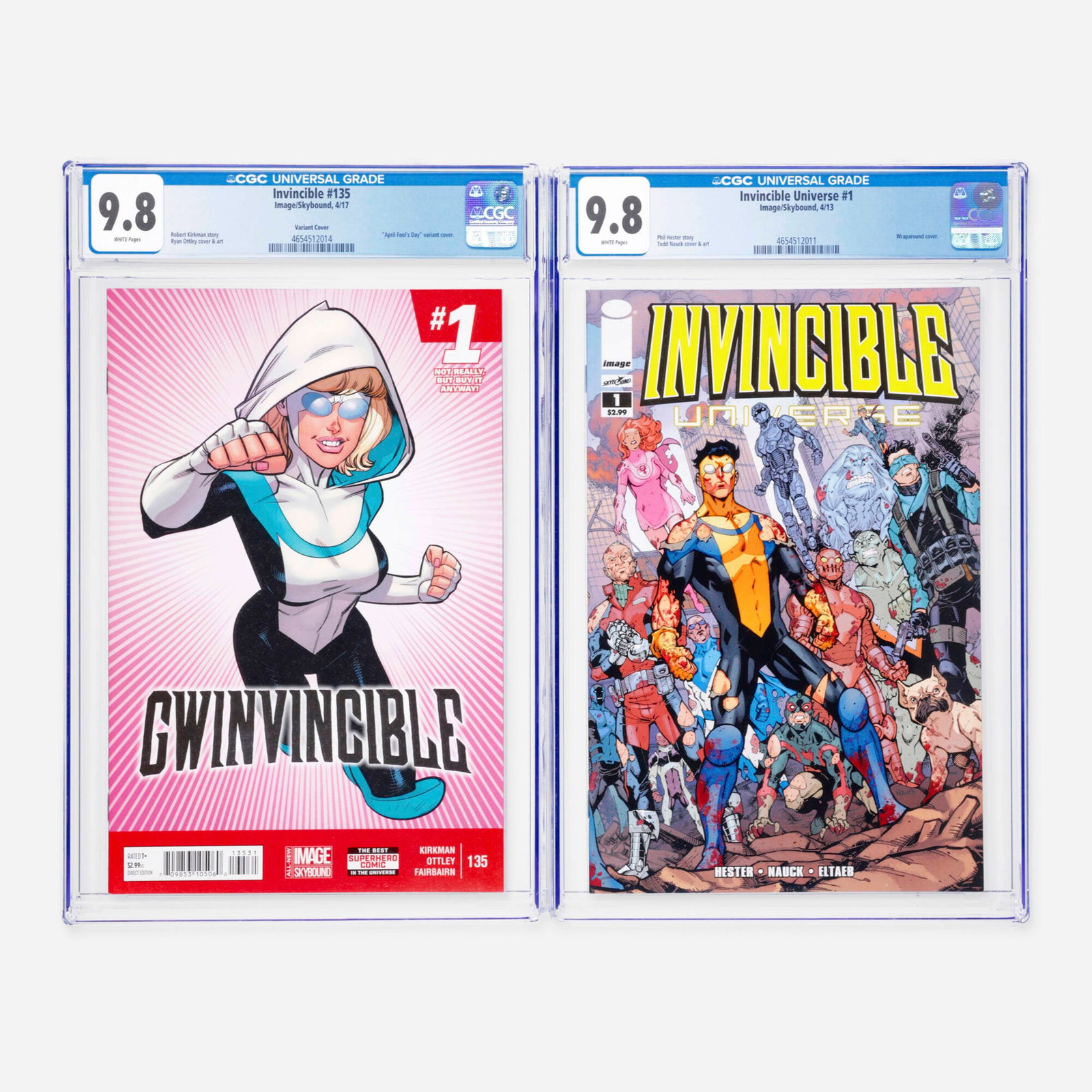 2 Image/Skybound Invincible #135 and Invincible Universe #1 CGC 9.8 Group: 2 Image/Skybound Invincible #135 and Invincible Universe #1 CGC 9.8 Group USA, 2013, 2017 Image/Skybound Invincible #135 CGC 9.8 Variant Cover (4/17) CGC#: 4654512014 Popula