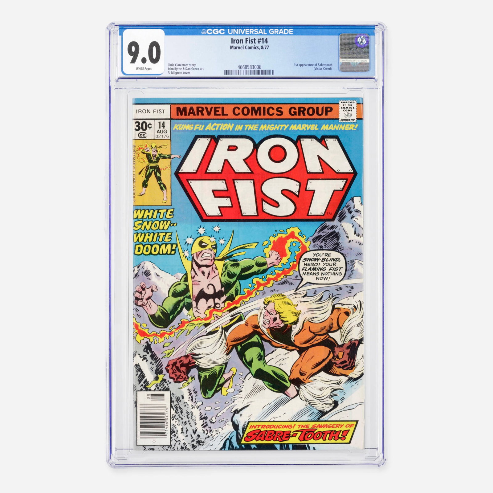 Marvel Comics Iron Fist #14 CGC 9.0: Marvel Comics Iron Fist #14 CGC 9.0 USA, 1977 This landmark Bronze Age issue features the historic first appearance of Sabretooth (Victor Creed). The legendary creative team of writer Chris Claremont 