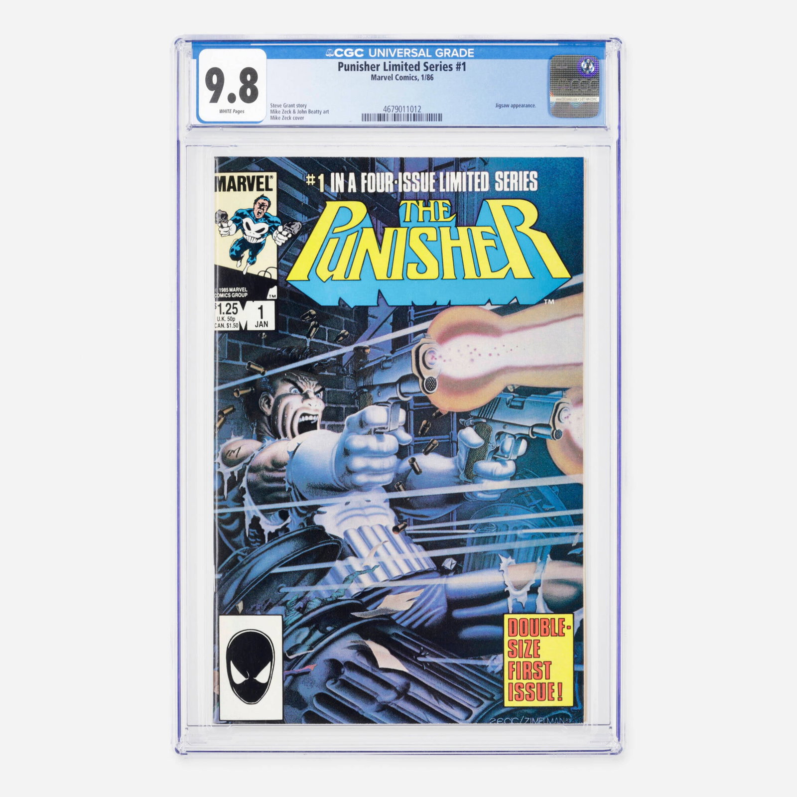 Marvel Comics Punisher Limited Series #1 CGC 9.8: Marvel Comics Punisher Limited Series #1 CGC 9.8 USA, 1986 Launching Frank Castle into his very first solo title, this Modern Age premier milestone features a key Jigsaw appearance. Writer Steven Gran