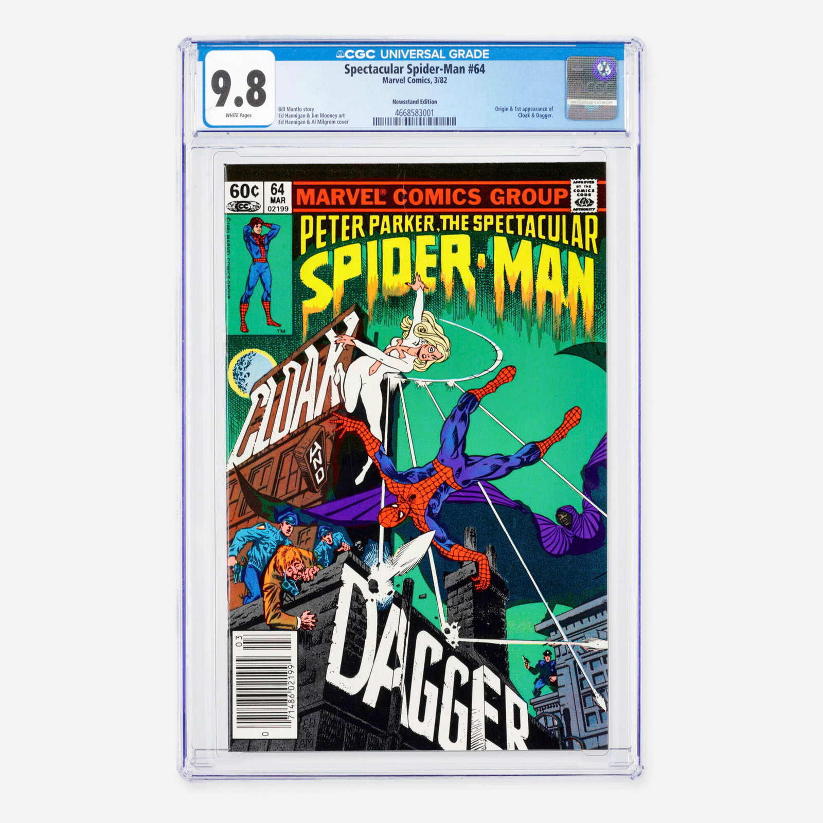 Marvel Comics Spectacular Spider-Man #64 CGC 9.8 Newsstand: Marvel Comics Spectacular Spider-Man #64 CGC 9.8 Newsstand USA, 1982 Key Bronze Age issue featuring the monumental origin and first appearance of Cloak and Dagger. Written by Bill Mantlo, the story fe