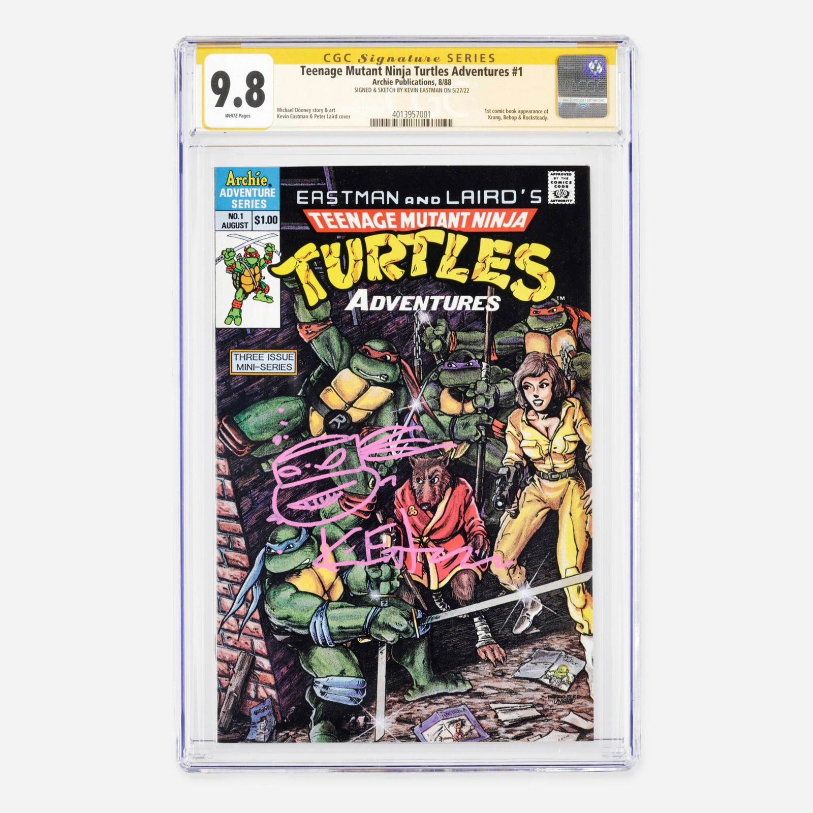 Archie Publications Teenage Mutant Ninja Turtles Adventures #1 CGC 9.8 Signature: Archie Publications Teenage Mutant Ninja Turtles Adventures #1 CGC 9.8 Signature Series Kevin Eastman USA, 1988 This major Modern Age key issue marks the historic first comic book appearance of Krang,