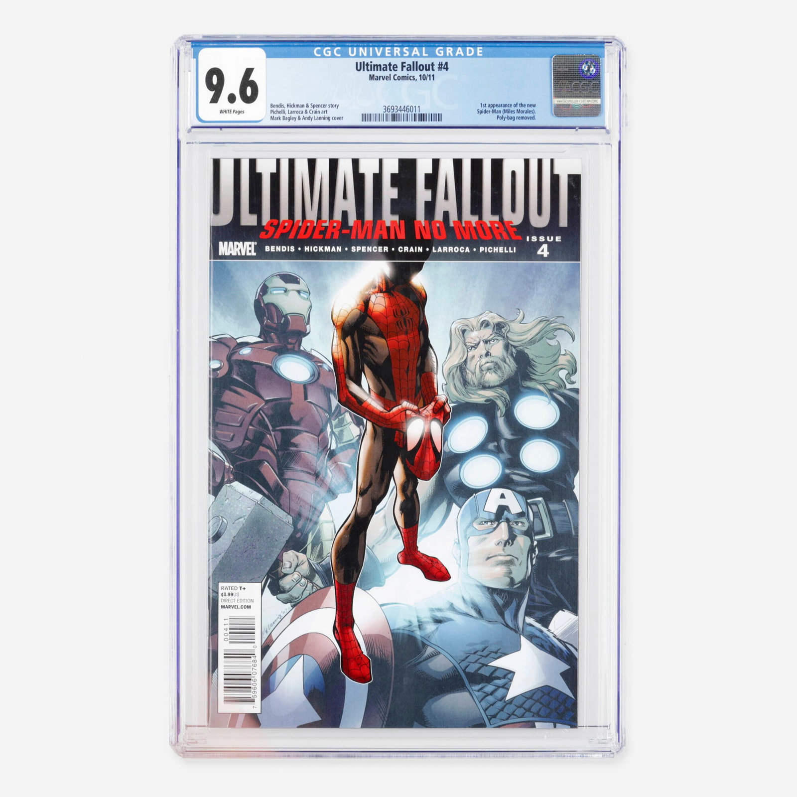 Marvel Comics Ultimate Fallout #4 CGC 9.6: Marvel Comics Ultimate Fallout #4 CGC 9.6 USA, 2011 This modern mega-key milestone features the historic first appearance of the new Spider-Man, Miles Morales. The issue notes indicate that it has had