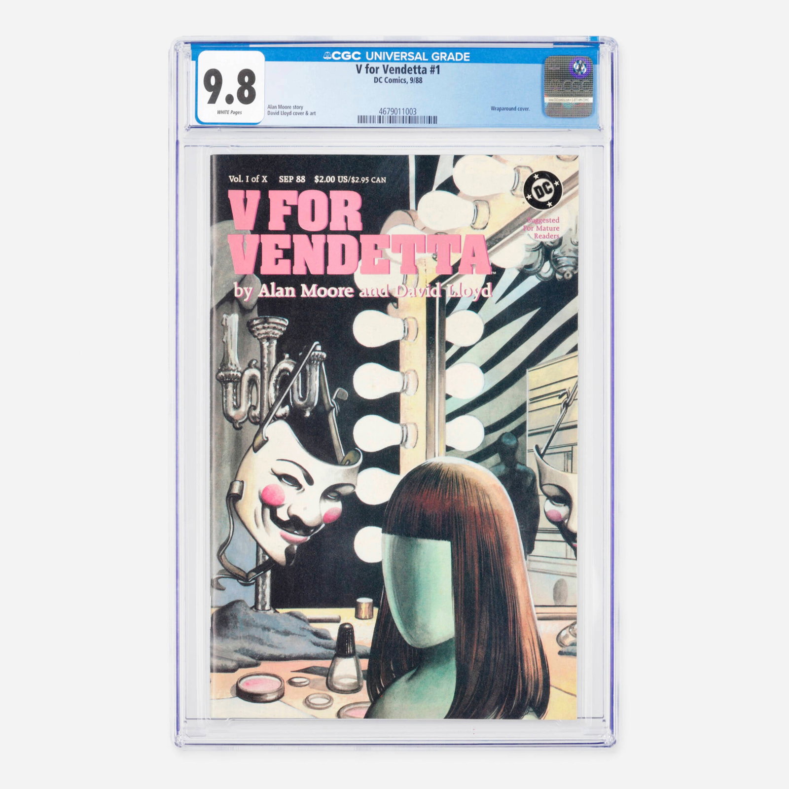 DC Comics V for Vendetta #1 CGC 9.8: DC Comics V for Vendetta #1 CGC 9.8 USA, 1988 Launching a seminal masterpiece into the Modern Age, this debut issue features a striking wraparound cover. Master continuous storytelling unfolds under t