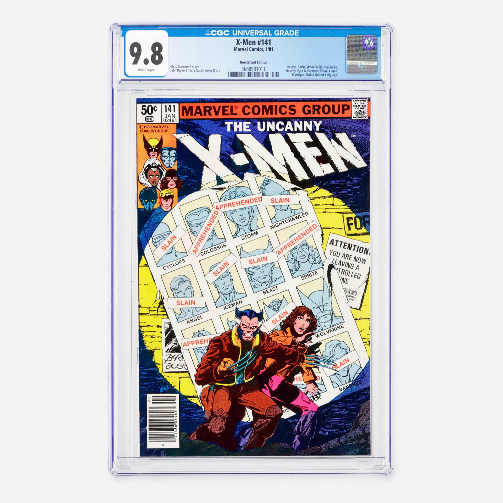 Marvel Comics X-Men #141 CGC 9.8 Newsstand: Marvel Comics X-Men #141 CGC 9.8 Newsstand USA, 1981 This iconic Bronze Age masterpiece features the first appearance of Rachel (Phoenix II), Avalanche, Destiny, Pyro, and the alternate future X-Men, 