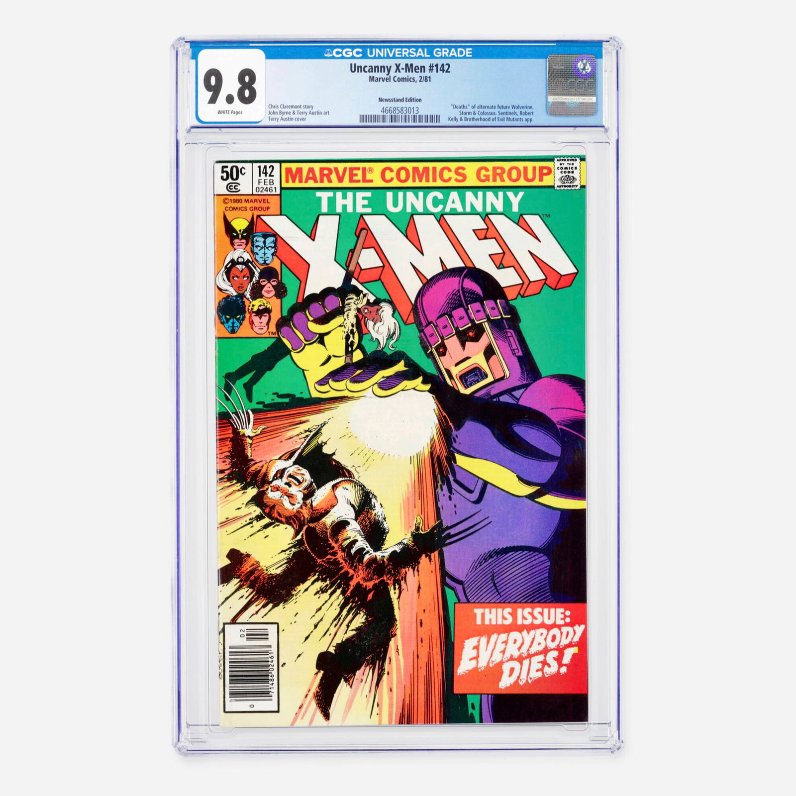 Marvel Comics Uncanny X-Men #142 CGC 9.8 Newsstand: Marvel Comics Uncanny X-Men #142 CGC 9.8 Newsstand USA, 1981 This seminal Bronze Age issue concludes the legendary Days of Future Past storyline, detailing the tragic "deaths" of an alternate future W