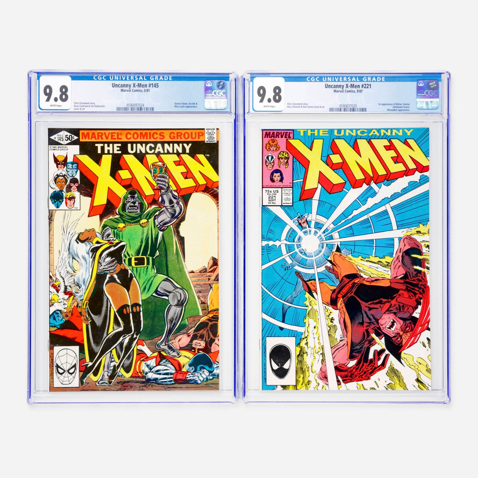 2 Marvel Comics Uncanny X-Men #145 and #221 CGC 9.8 Group: 2 Marvel Comics Uncanny X-Men #145 and #221 CGC 9.8 Group USA, 1981, 1987 Marvel Comics Uncanny X-Men #145 CGC 9.8 (5/81) CGC#: 4590097024 Population: 597 in 9.8, 8