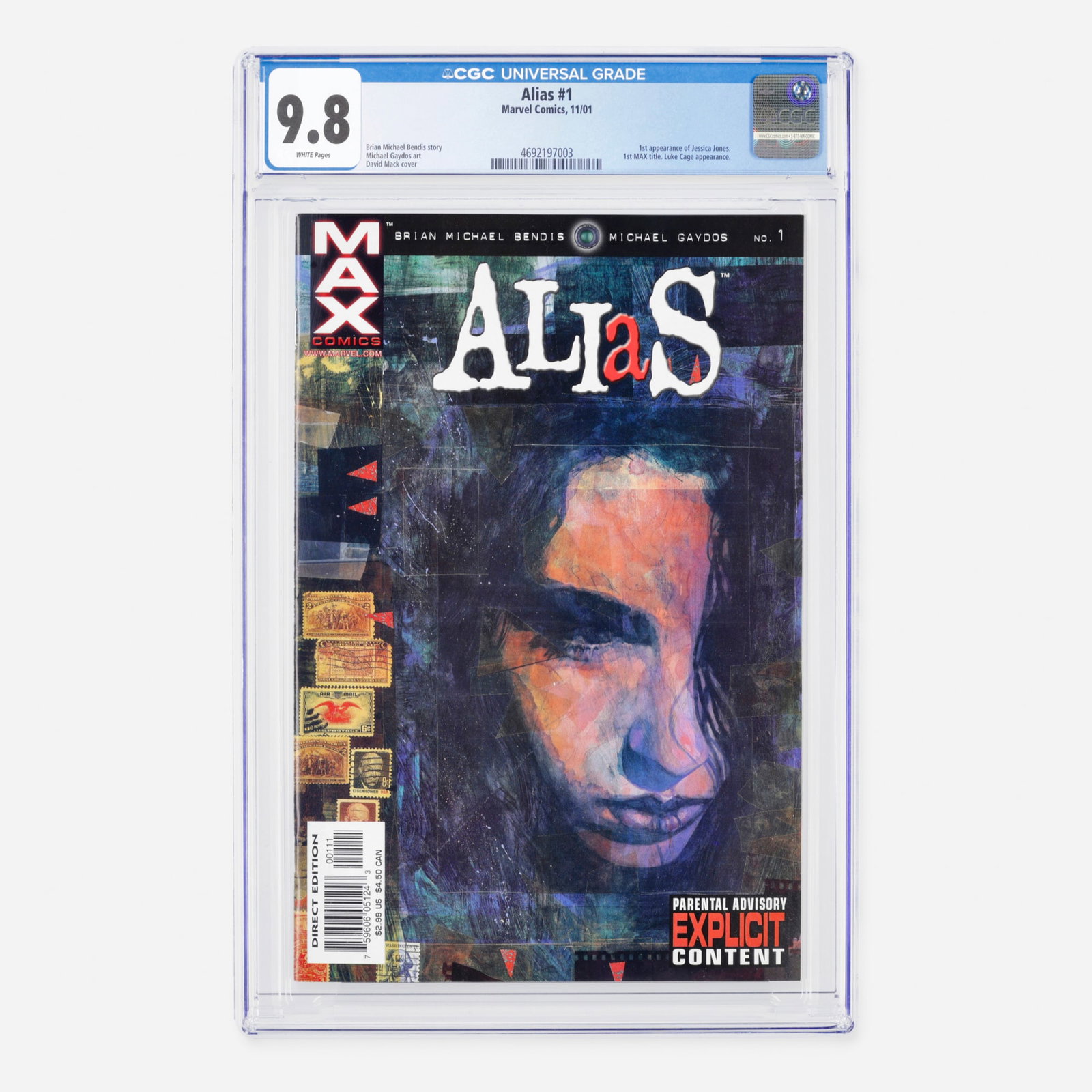 Marvel Comics Alias #1 CGC 9.8: Marvel Comics Alias #1 CGC 9.8 USA, 2001 This monumental Modern Age key issue marks the historic first appearance of Jessica Jones, the debut of Marvel's gritty first MAX title imprint, and a not