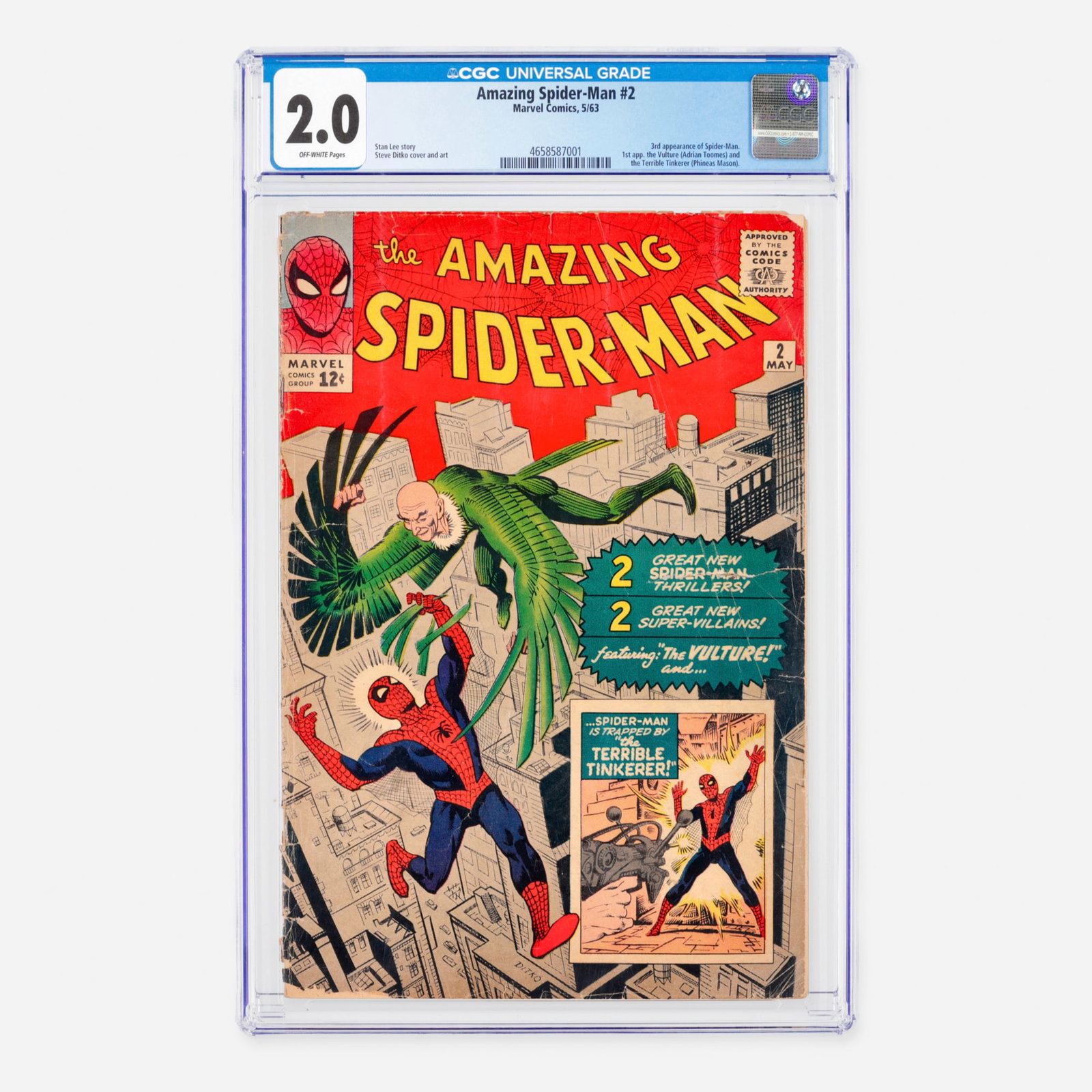 Marvel Comics Amazing Spider-Man #2 CGC 2.0: Marvel Comics Amazing Spider-Man #2 CGC 2.0 USA, 1963 A historic Silver Age masterpiece by Stan Lee and Steve Ditko introducing two major villains: The Vulture and the Terrible Tinkerer. This second i