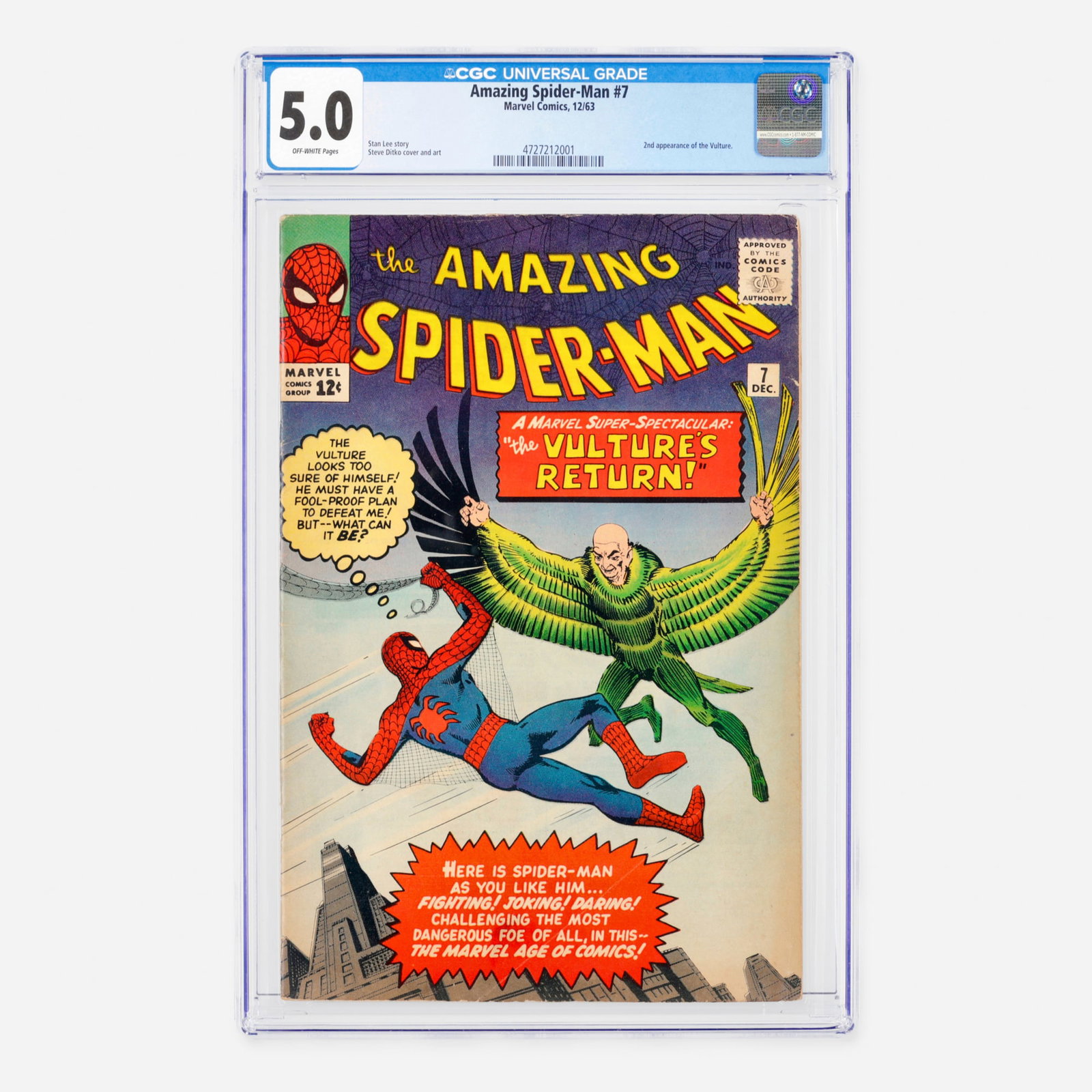 Marvel Comics Amazing Spider-Man #7 CGC 5.0: Marvel Comics Amazing Spider-Man #7 CGC 5.0 USA, 1963 This historic Silver Age classic marks an early milestone in the wall-crawler's rogues' gallery with the second appearance of the Vultur