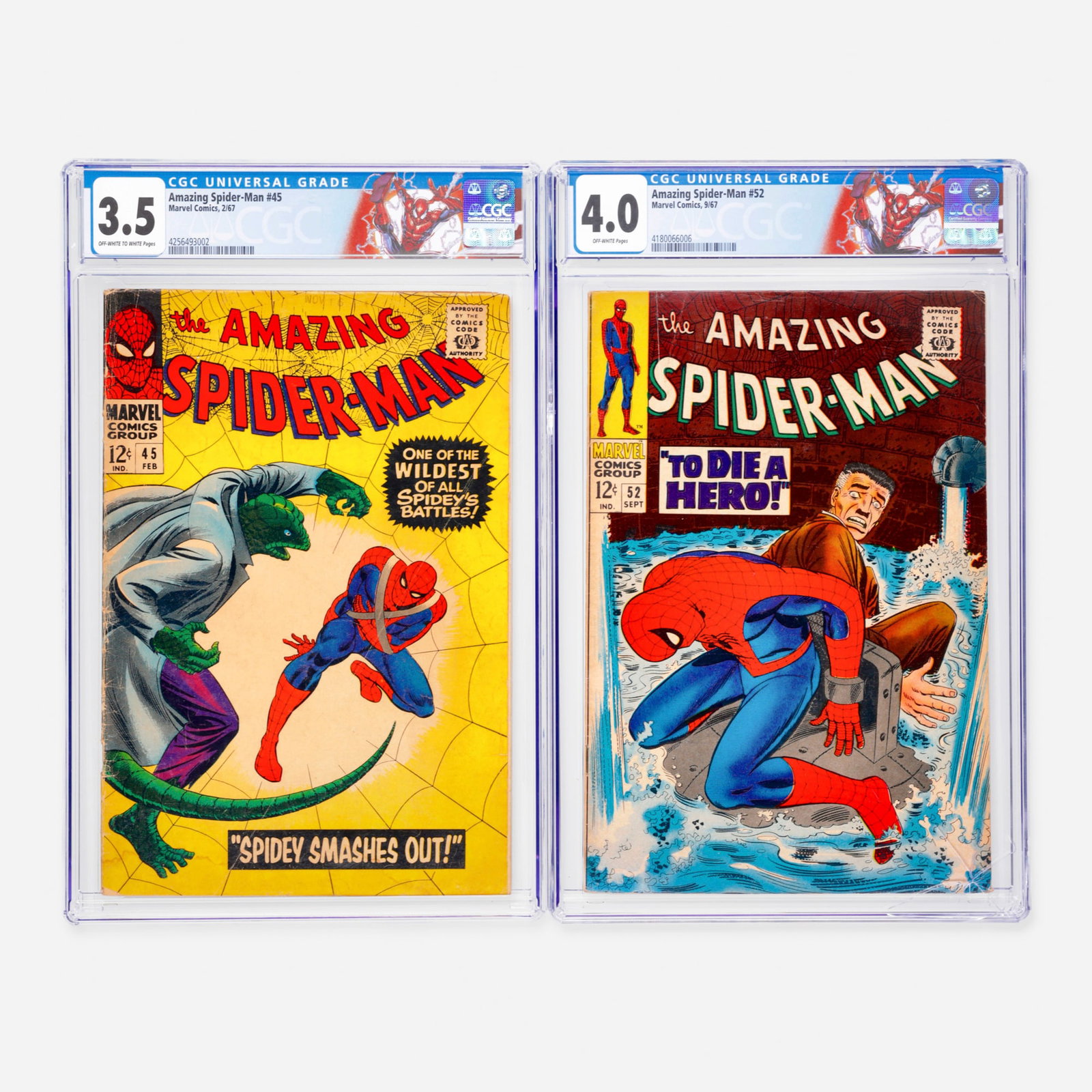2 Marvel Comics Amazing Spider-Man #45 and #52 CGC Group: 2 Marvel Comics Amazing Spider-Man #45 and #52 CGC Group USA, 1967 Marvel Comics Amazing Spider-Man #45 CGC 3.5 (2/67) CGC#: 4256493002 Population: 44 in 3.5, 2281