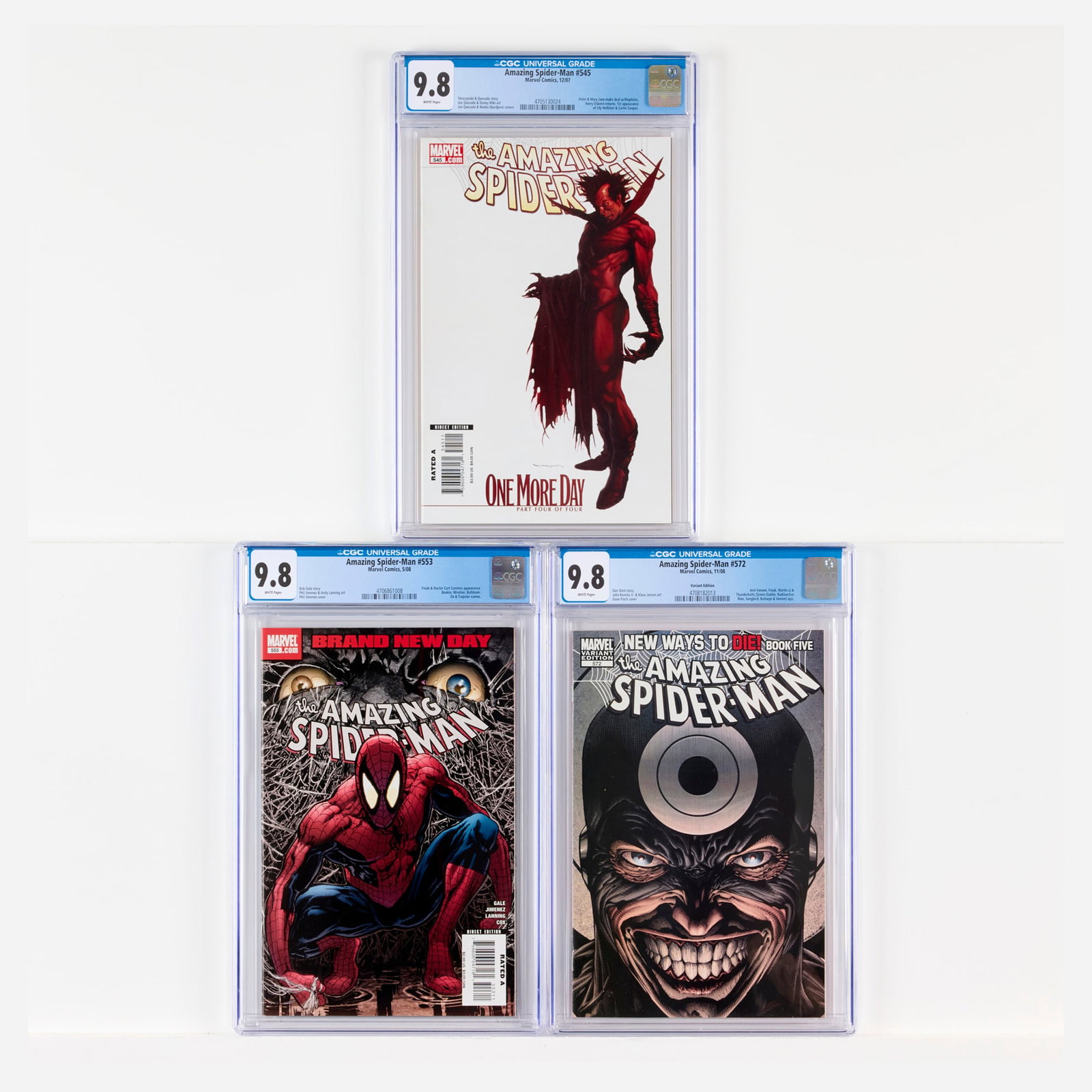 3 Marvel Comics Amazing Spider-Man #545-#572 CGC 9.8 Group: 3 Marvel Comics Amazing Spider-Man #545-#572 CGC 9.8 Group USA, 2007, 2008 Marvel Comics Amazing Spider-Man #545 CGC 9.8 (12/07) CGC#: 4705130024 Population: 307 in