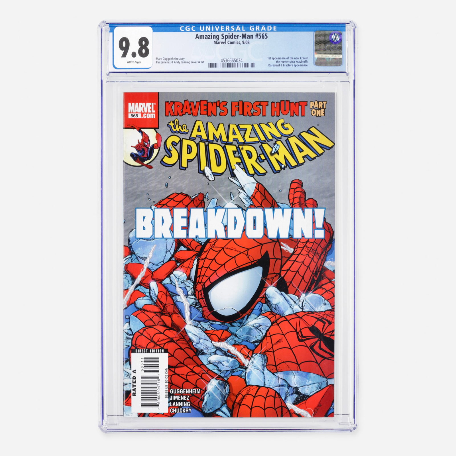 Marvel Comics Amazing Spider-Man #565 CGC 9.8: Marvel Comics Amazing Spider-Man #565 CGC 9.8 USA, 2008 This monumental Modern Age issue features the historic first appearance of the new Kraven the Hunter (Ana Kravinoff). The high-stakes narrative 