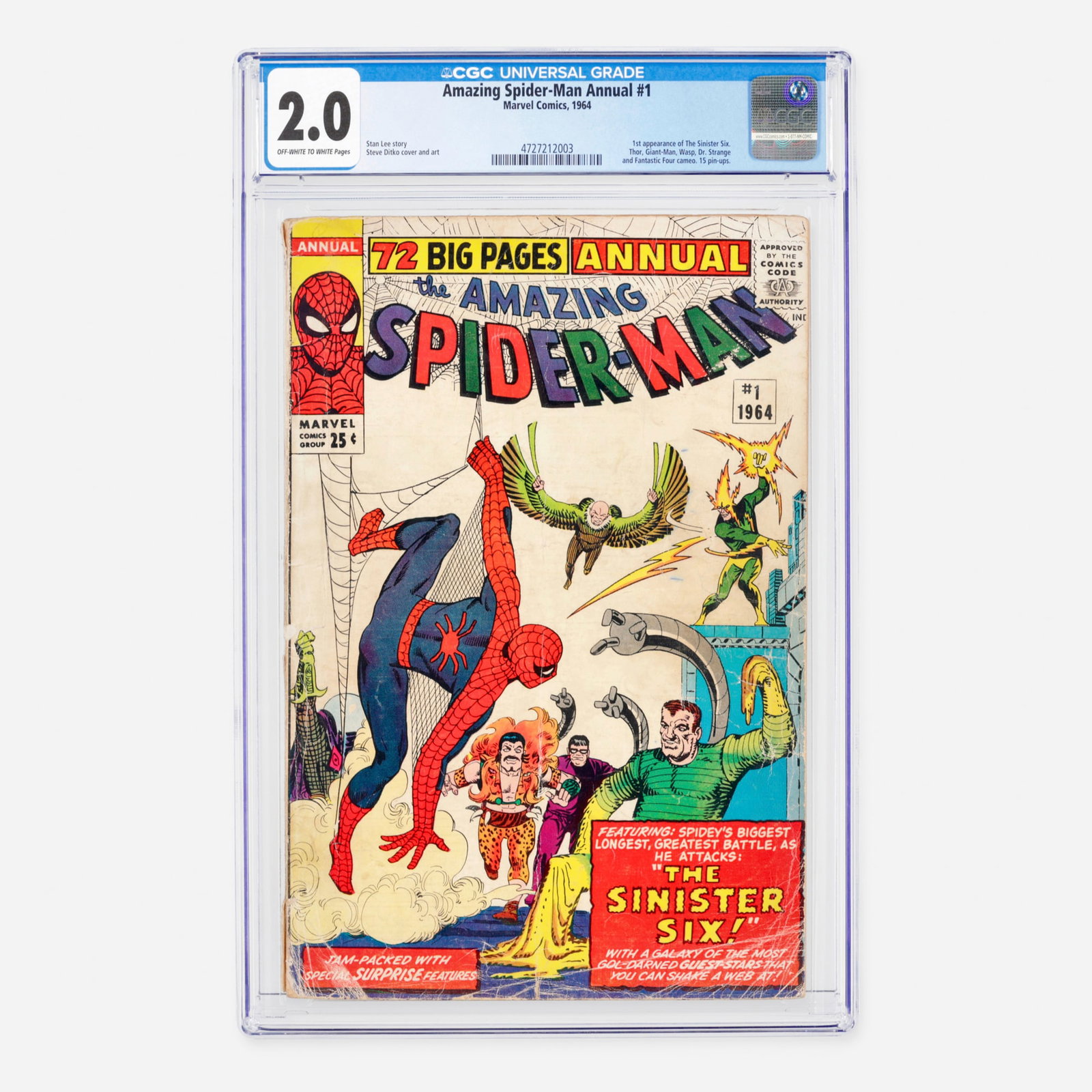 Marvel Comics Amazing Spider-Man Annual #1 CGC 2.0: Marvel Comics Amazing Spider-Man Annual #1 CGC 2.0 USA, 1964 This monumental Silver Age milestone features the historic first appearance of The Sinister Six, alongside Thor, Giant-Man, Wasp, Dr. Stran