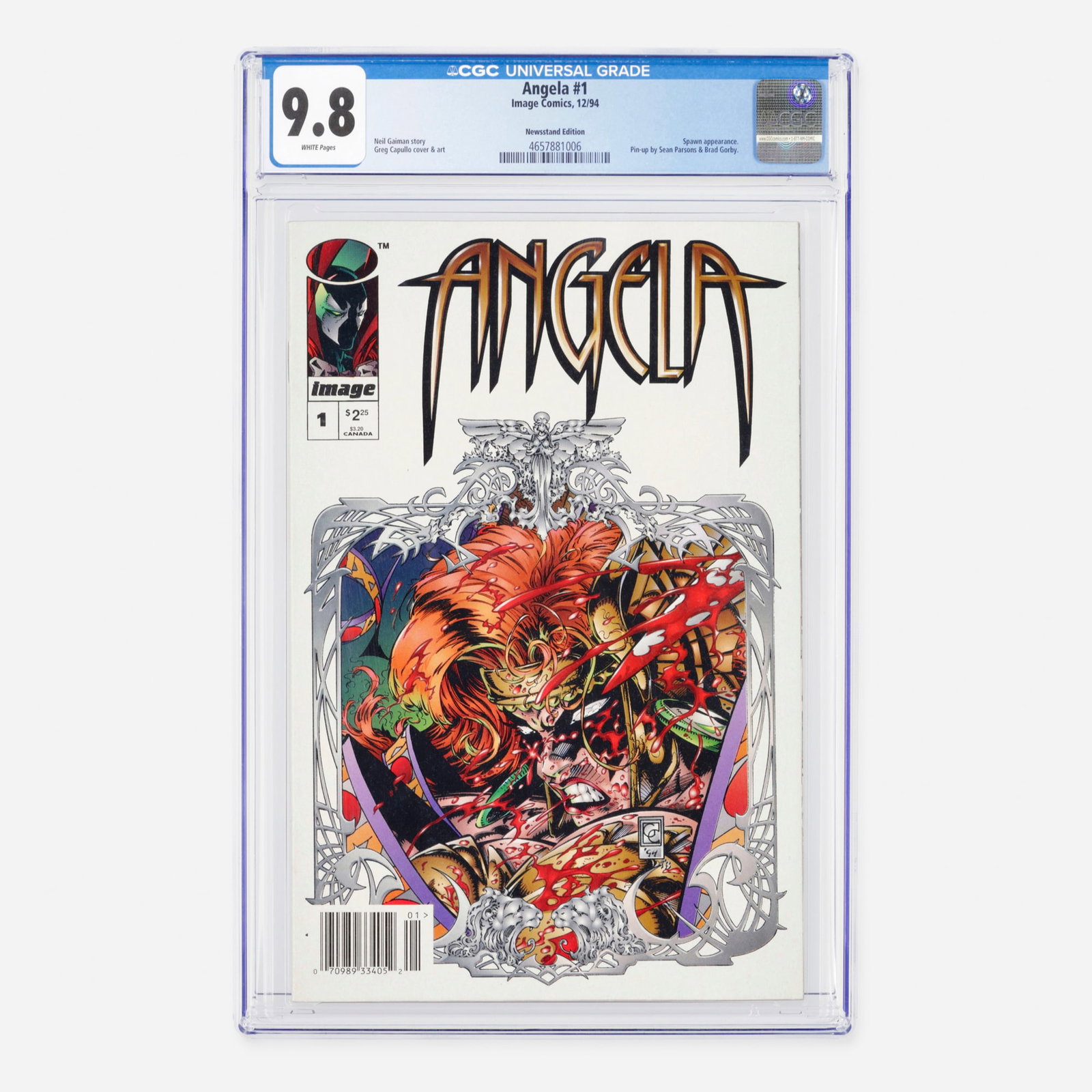 Image Comics Angela #1 CGC 9.8 Newsstand: Image Comics Angela #1 CGC 9.8 Newsstand USA, 1994 This premiere Modern Age solo showcase features a critical Spawn appearance and includes an exclusive interior pin-up illustrated by Sean Parsons and